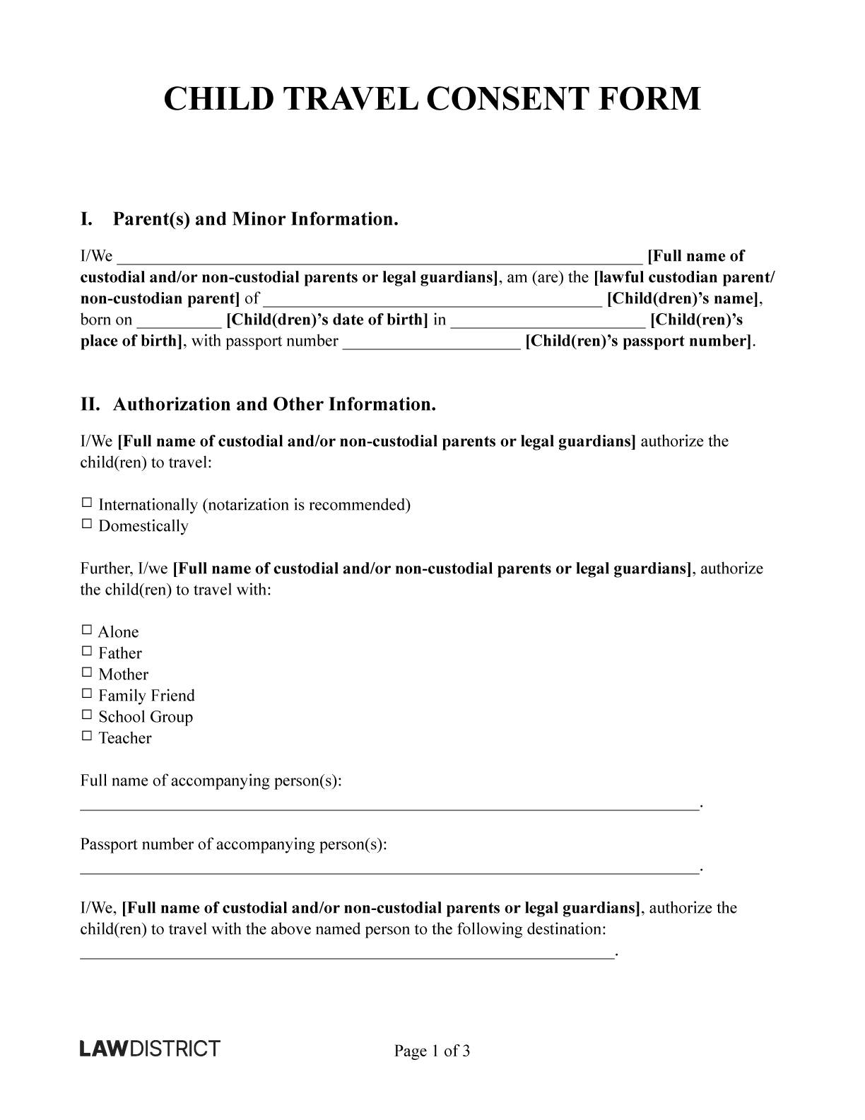 Free Minor Child Travel Consent Form Lawdistrict