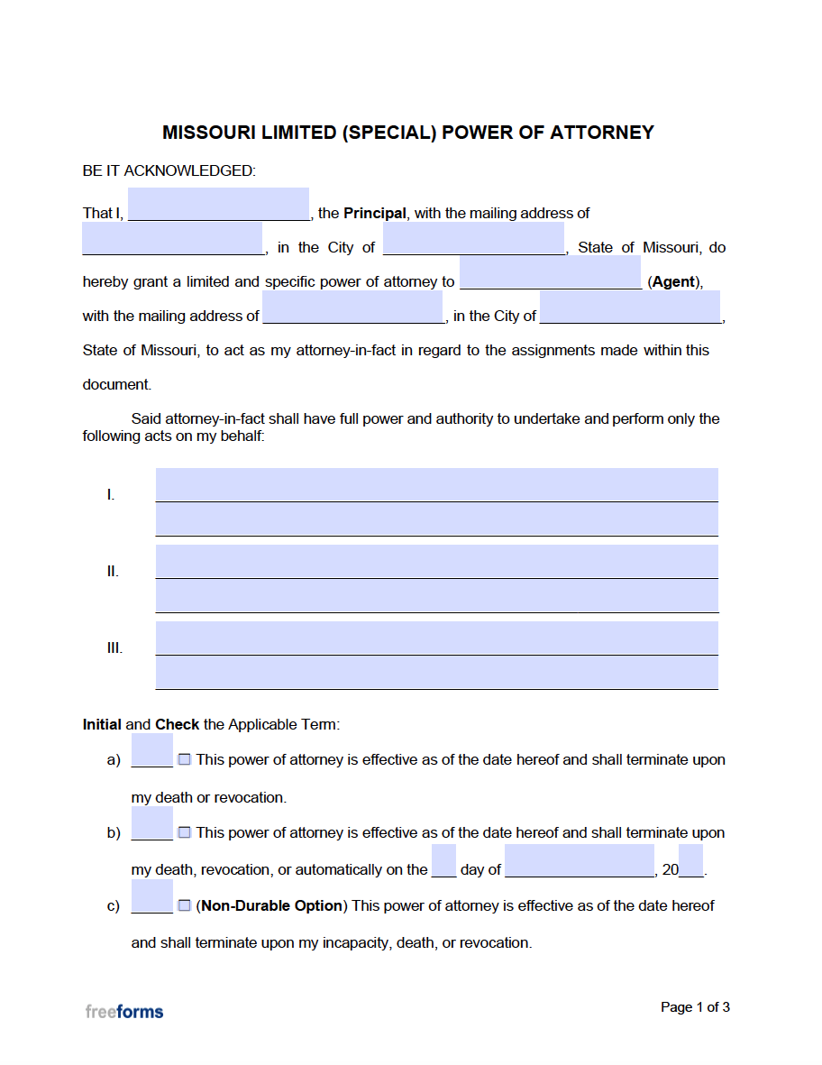 Free Missouri Limited Special Power Of Attorney Form PDF Word