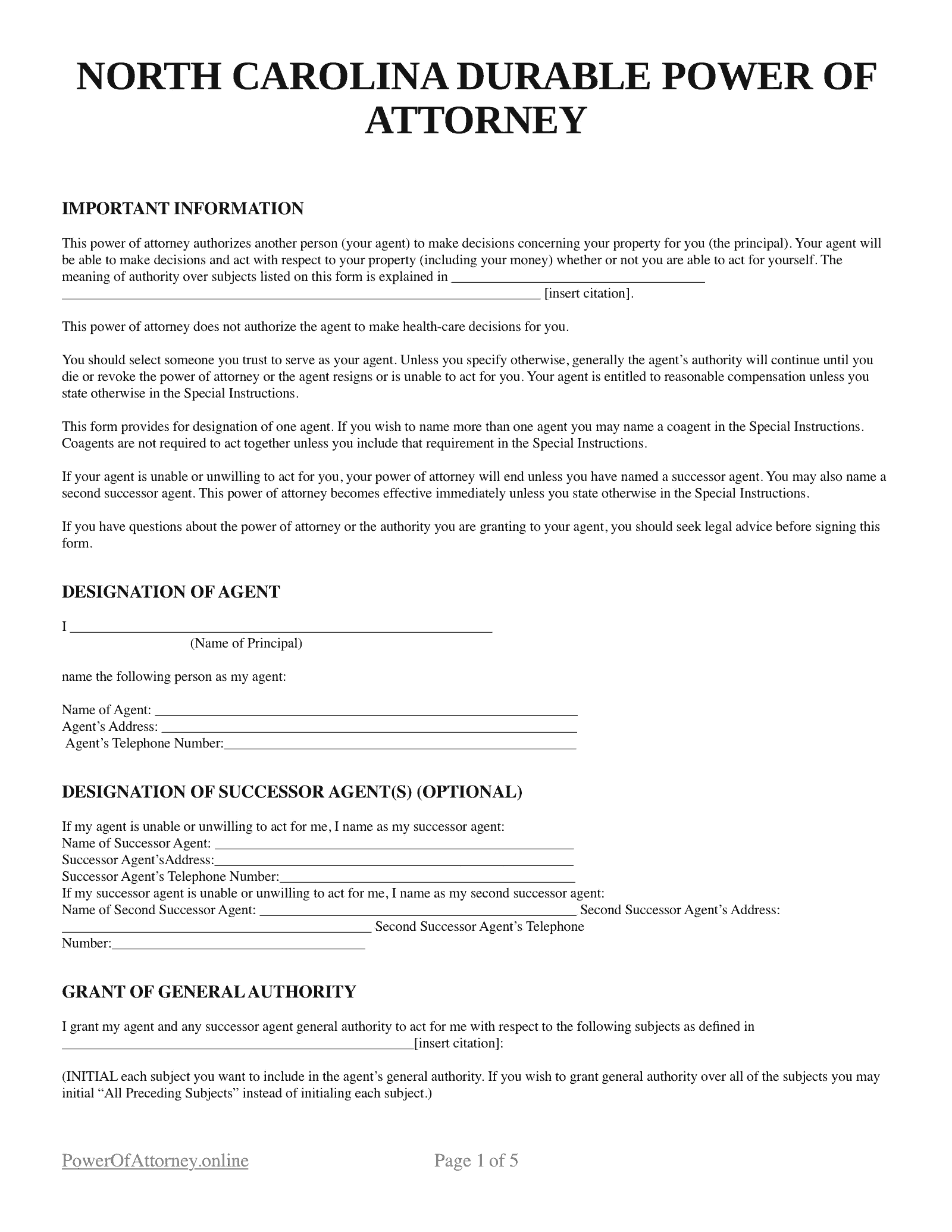 printable nc power of attorney form