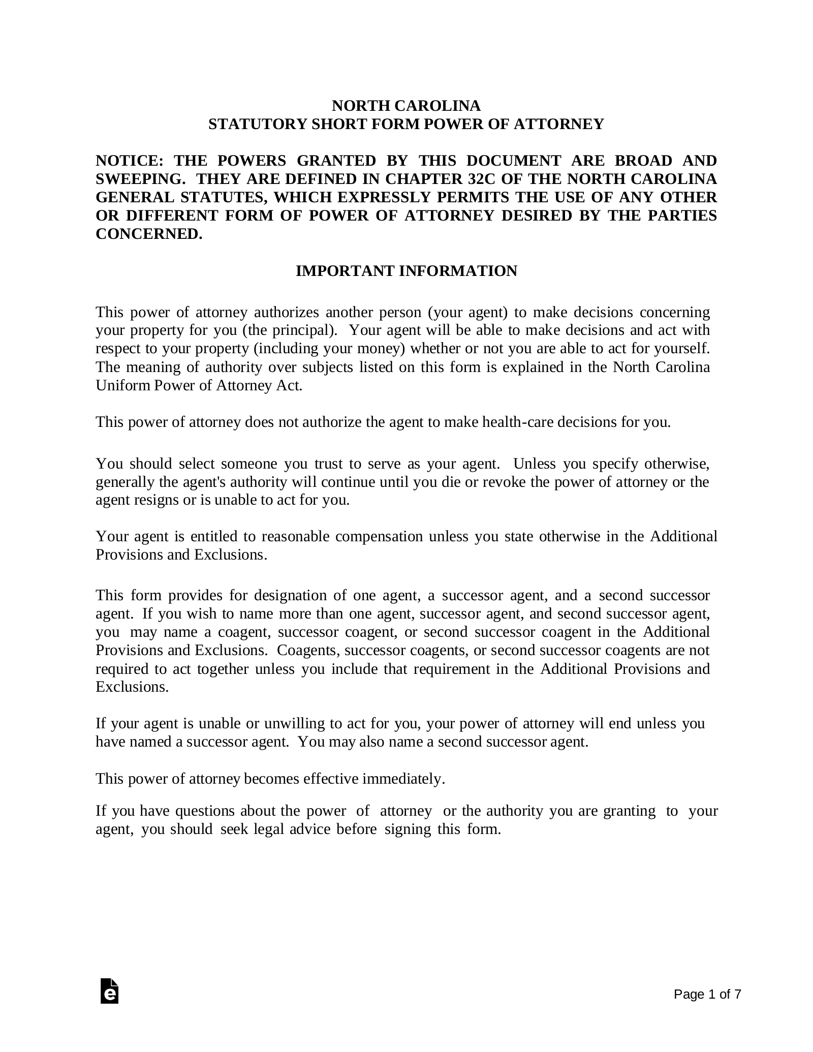 Free North Carolina Power Of Attorney Forms 10 Types PDF Word EForms