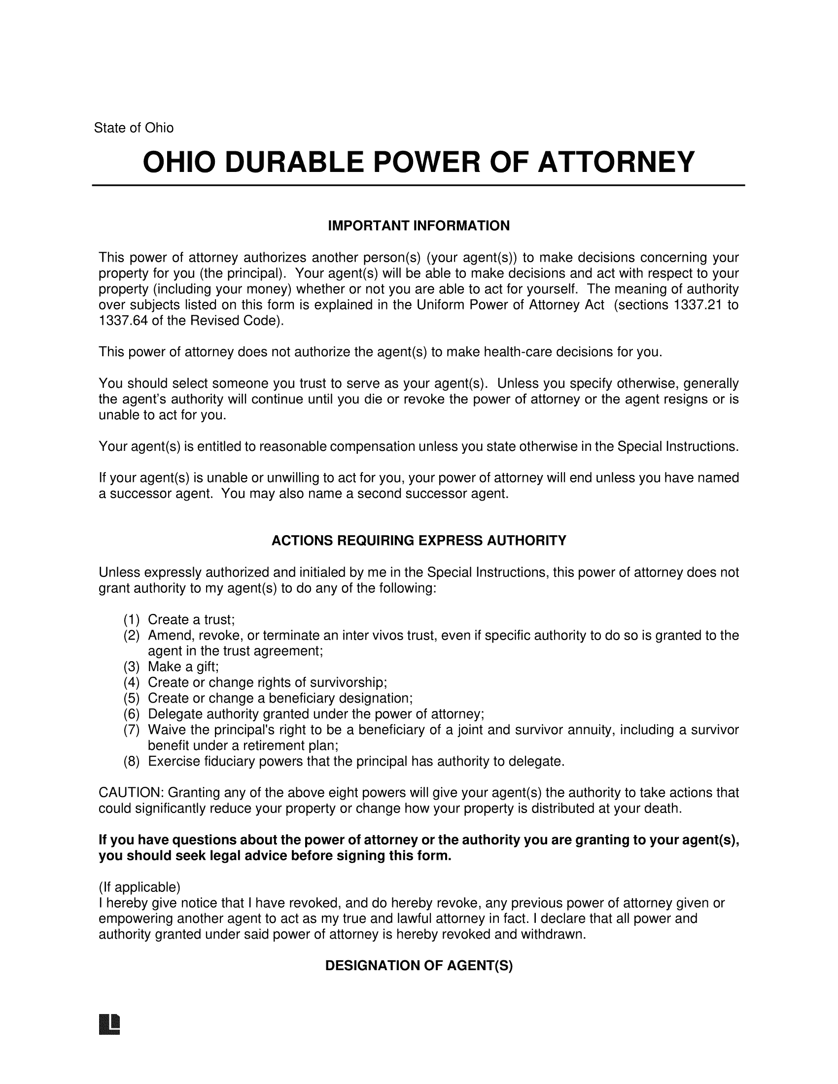 Free Ohio Durable Statutory Power Of Attorney Form PDF Word