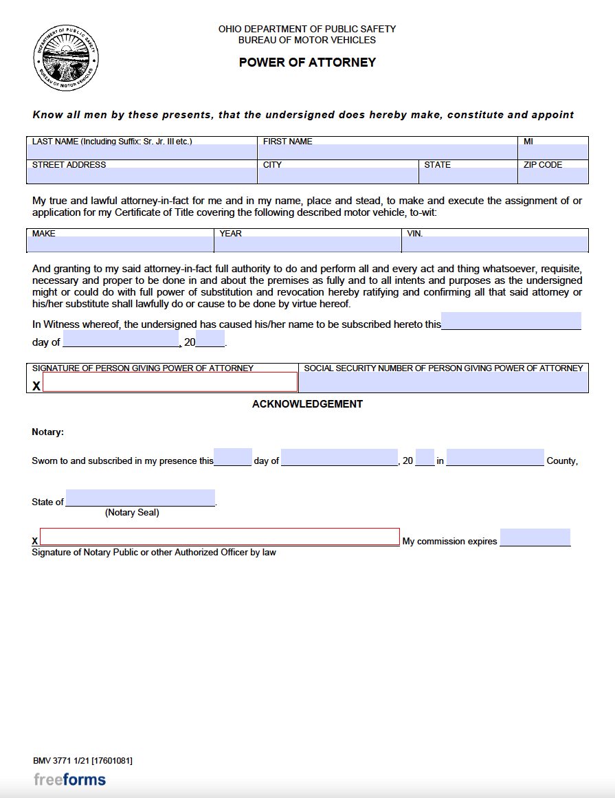 Free Ohio Motor Vehicle Power Of Attorney Form PDF Word