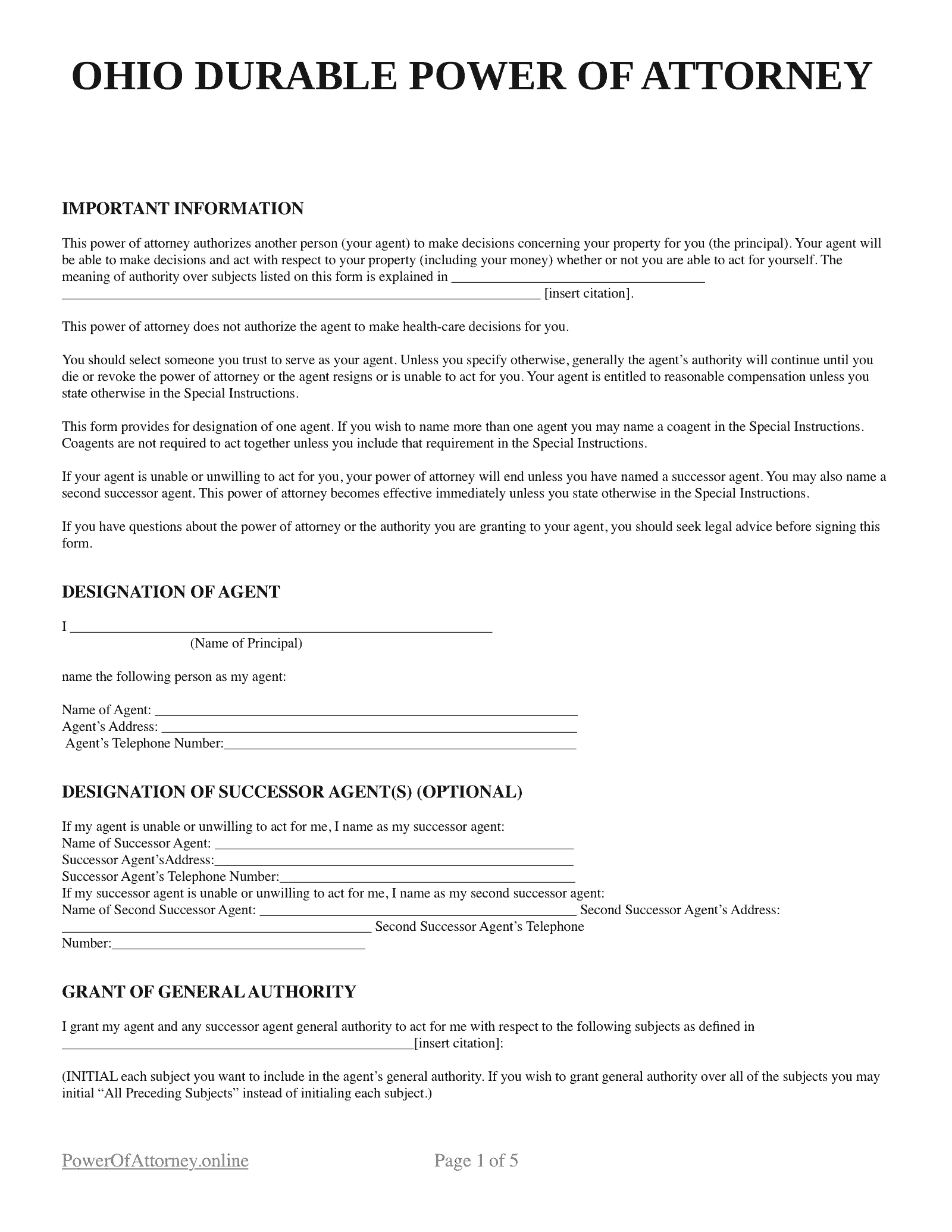printable power of attorney form ohio