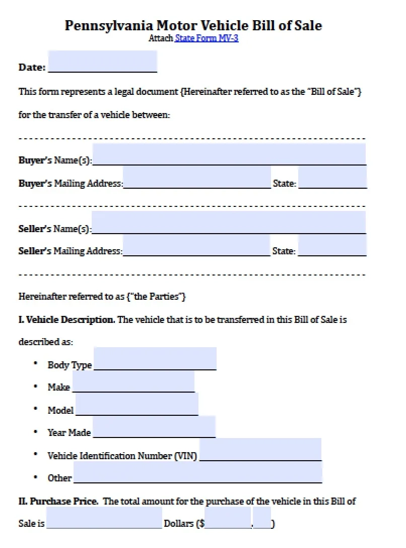 Free Pennsylvania Motor Vehicle Bill Of Sale Form PDF Word doc 