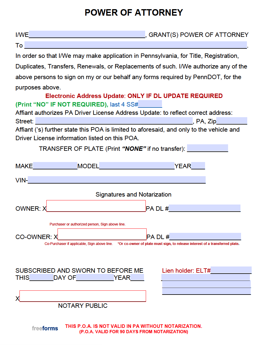 Free Pennsylvania Motor Vehicle Power Of Attorney Form PDF Word