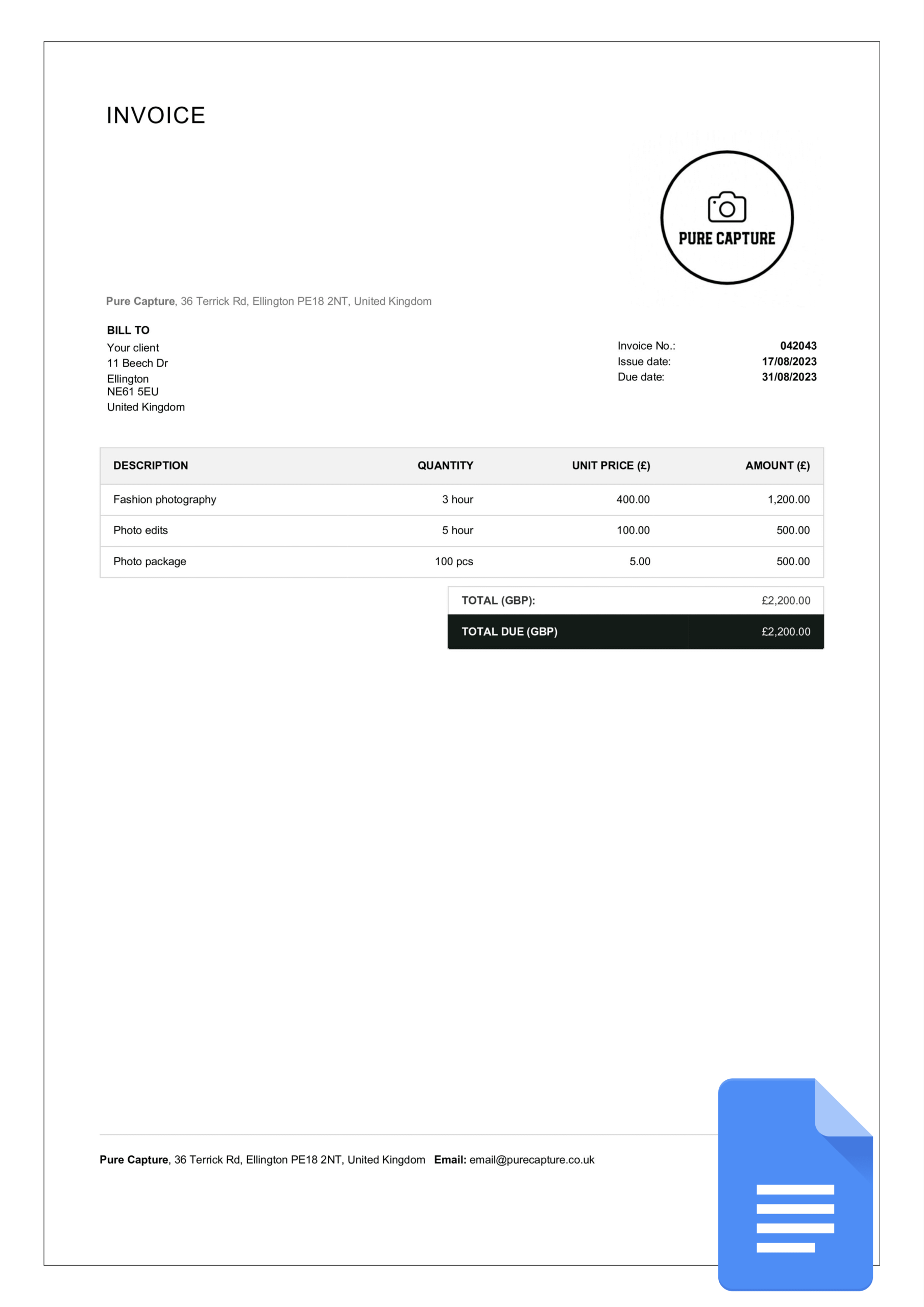 google document invoice template