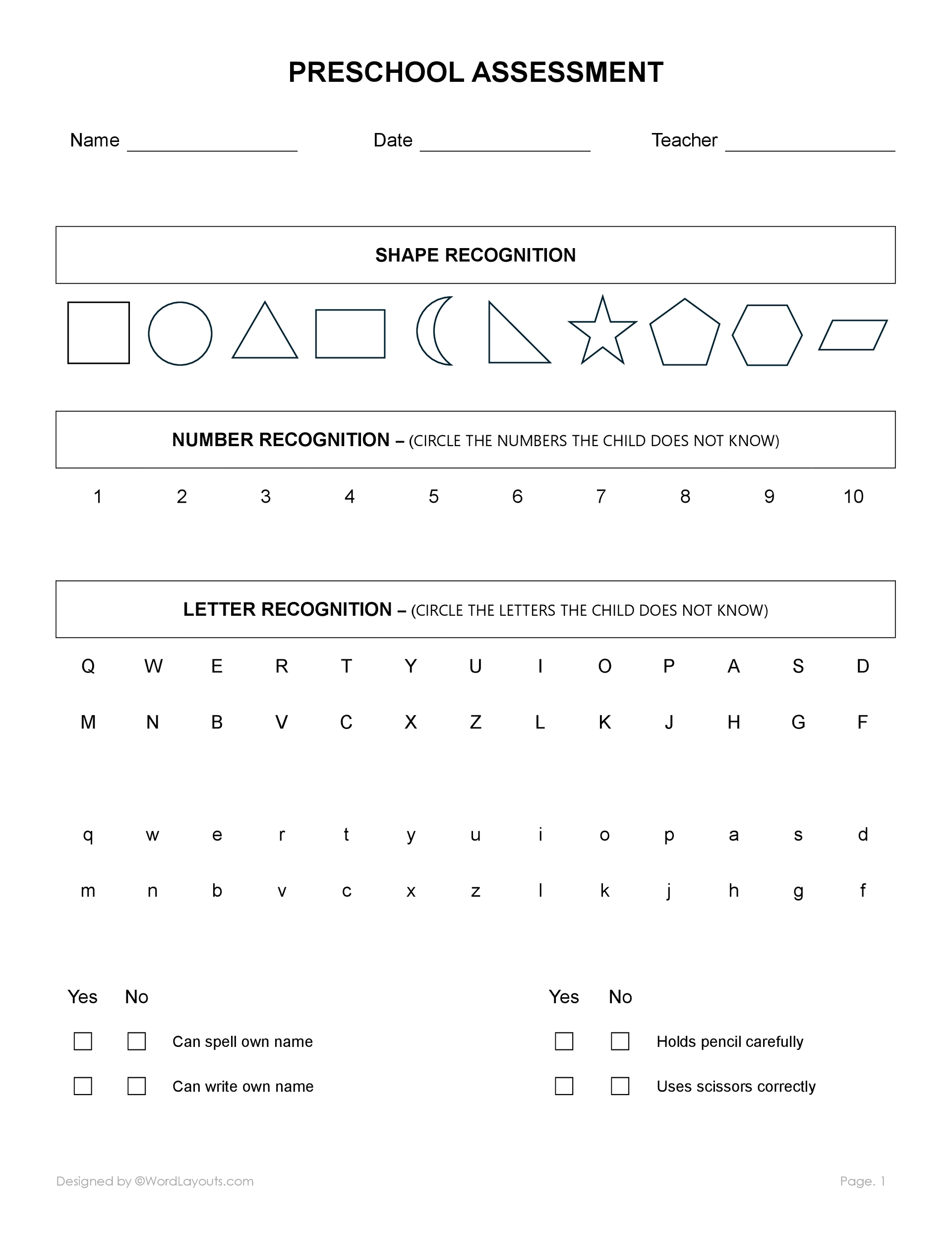 free printable pre-k assessment forms