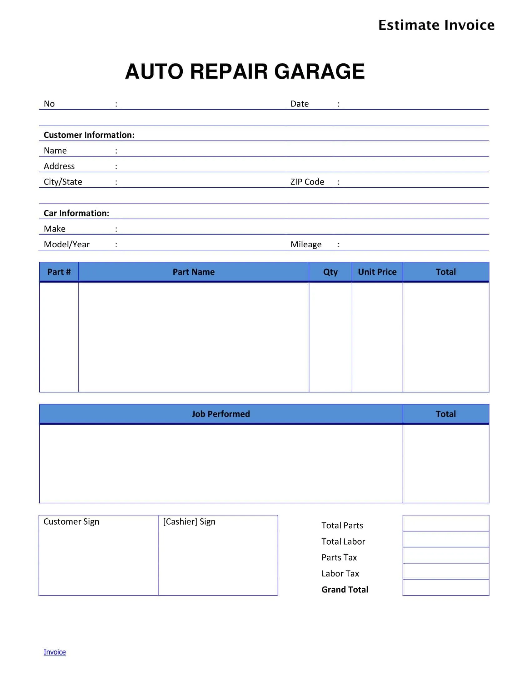 Free Printable Auto Repair Invoice Templates PDF Word Excel 