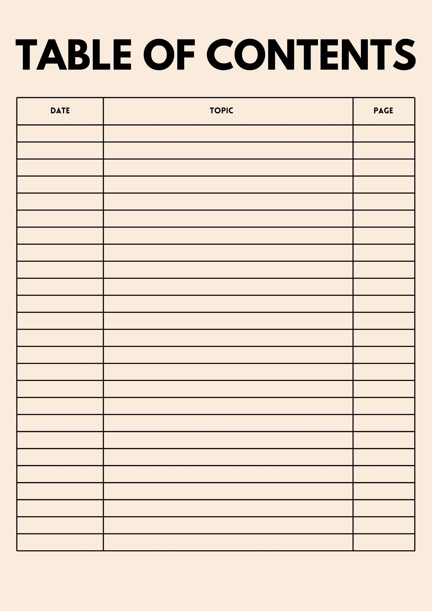 blank table of contents template
