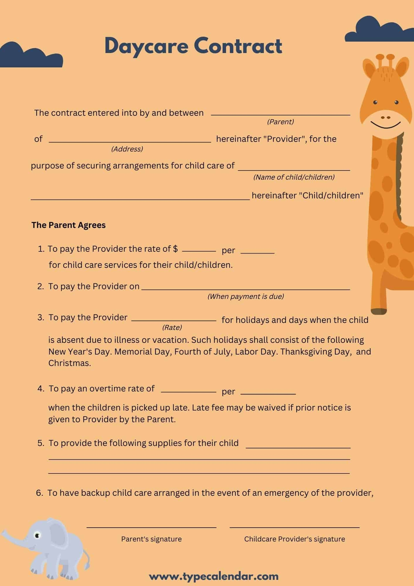 Free Printable Daycare Contract Templates PDF Sample