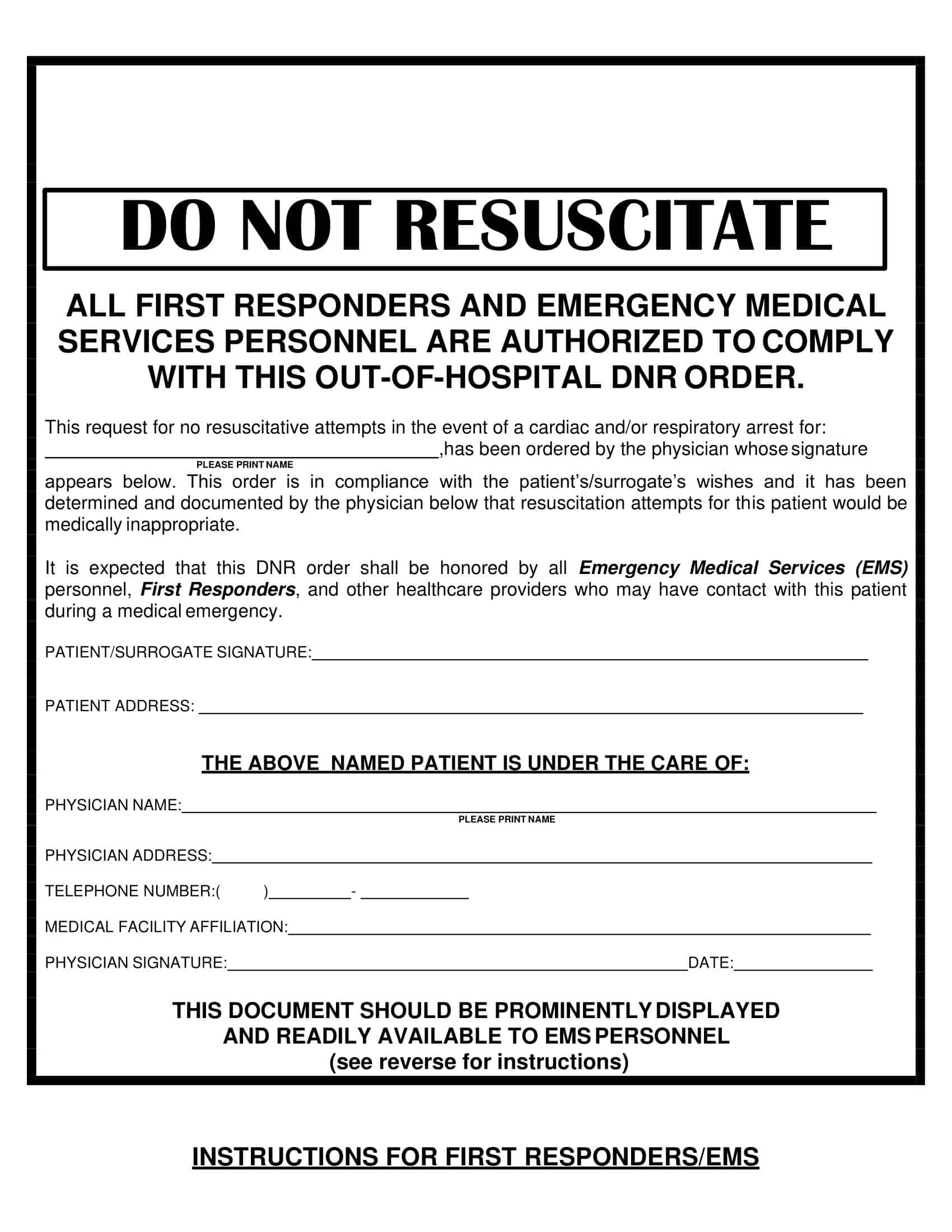 Free Printable Do Not Resuscitate DNR Order Form PDF Word 