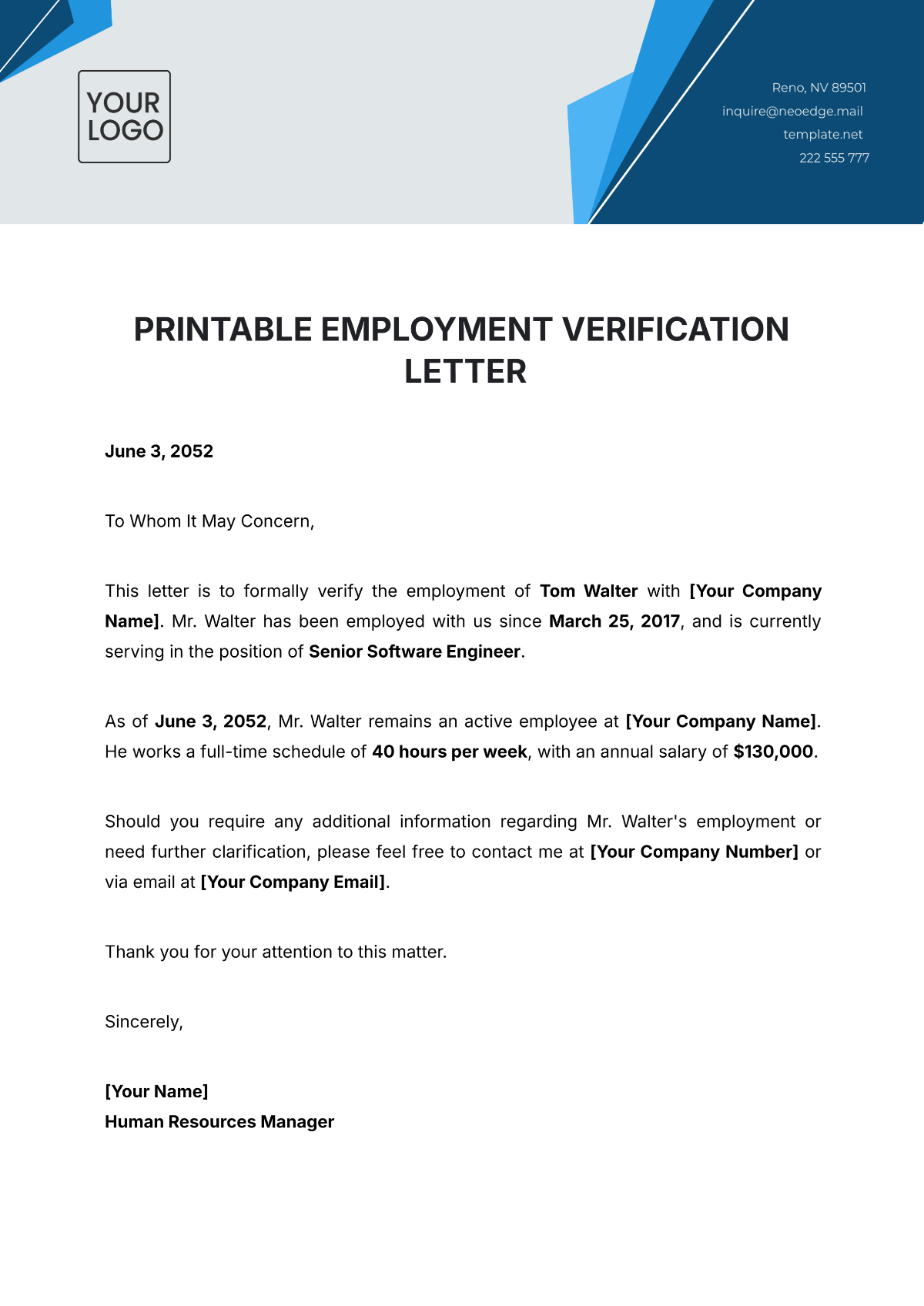 free printable verification of employment form