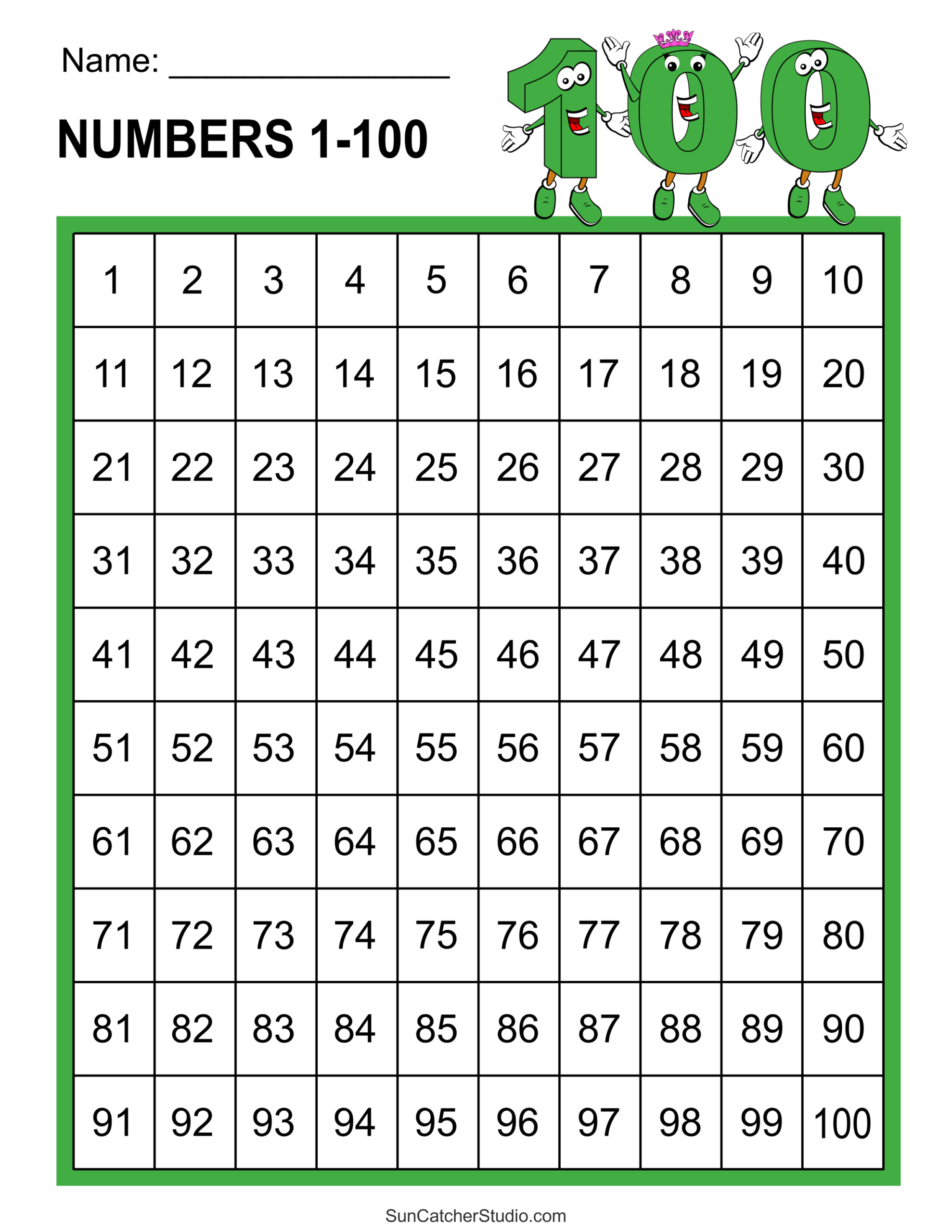 1 to 100 chart printable