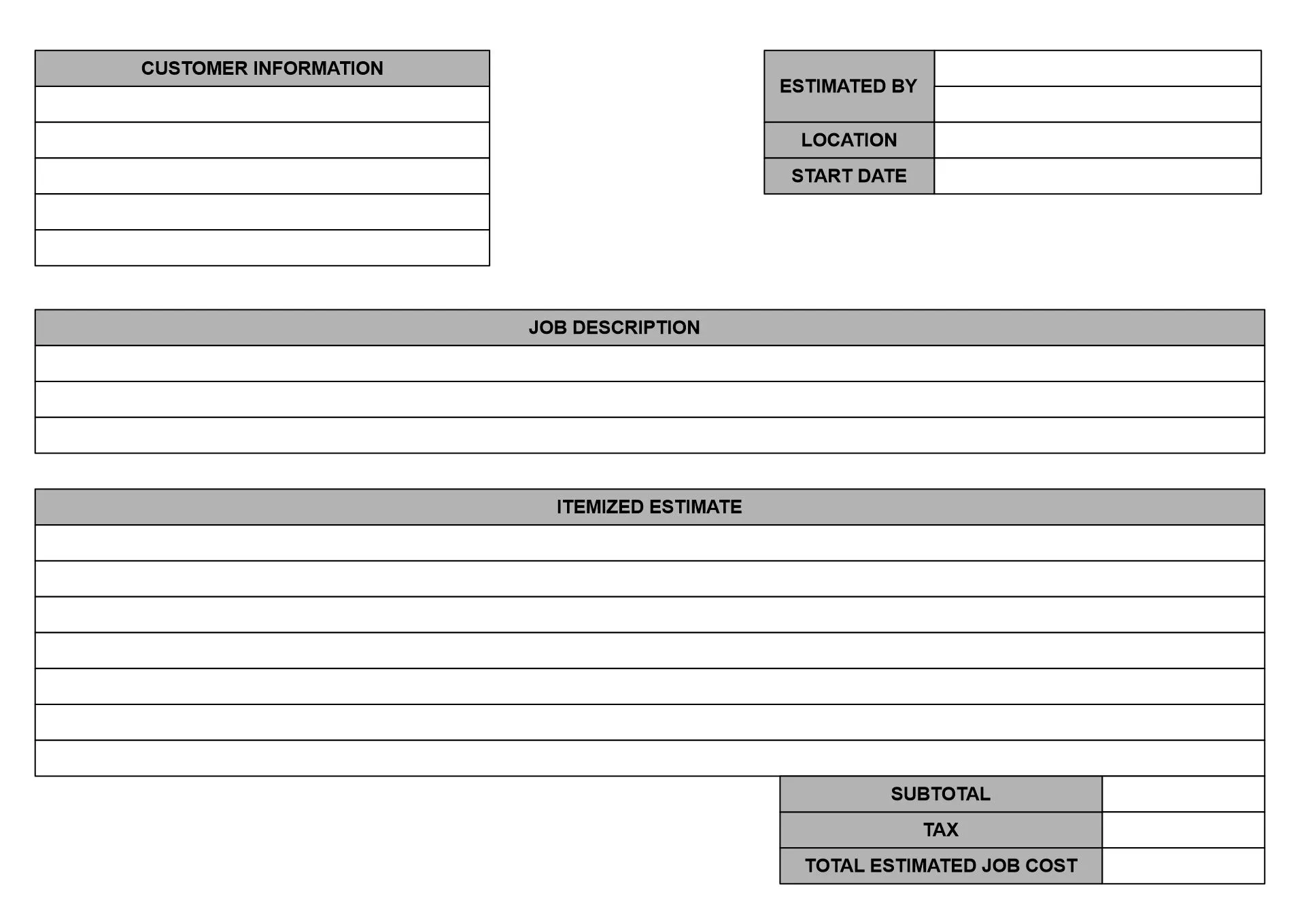 blank free printable estimate forms