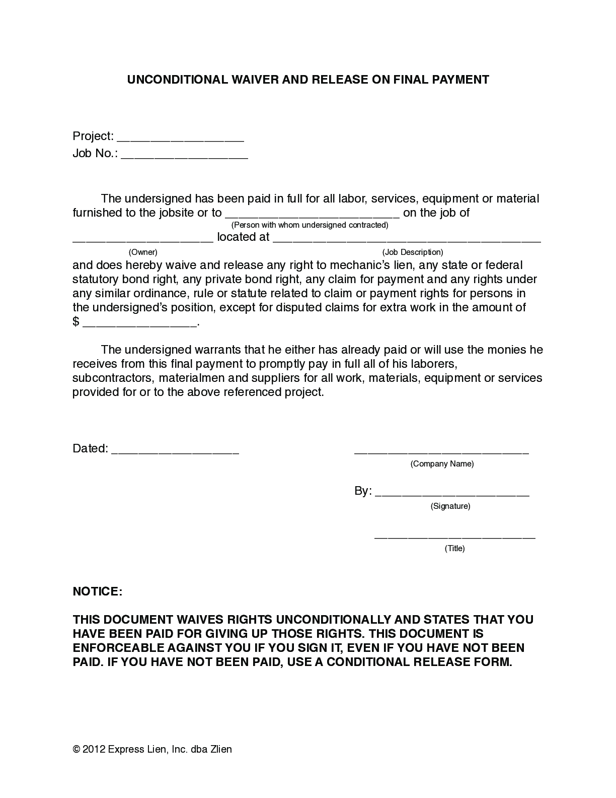 printable lien waiver form