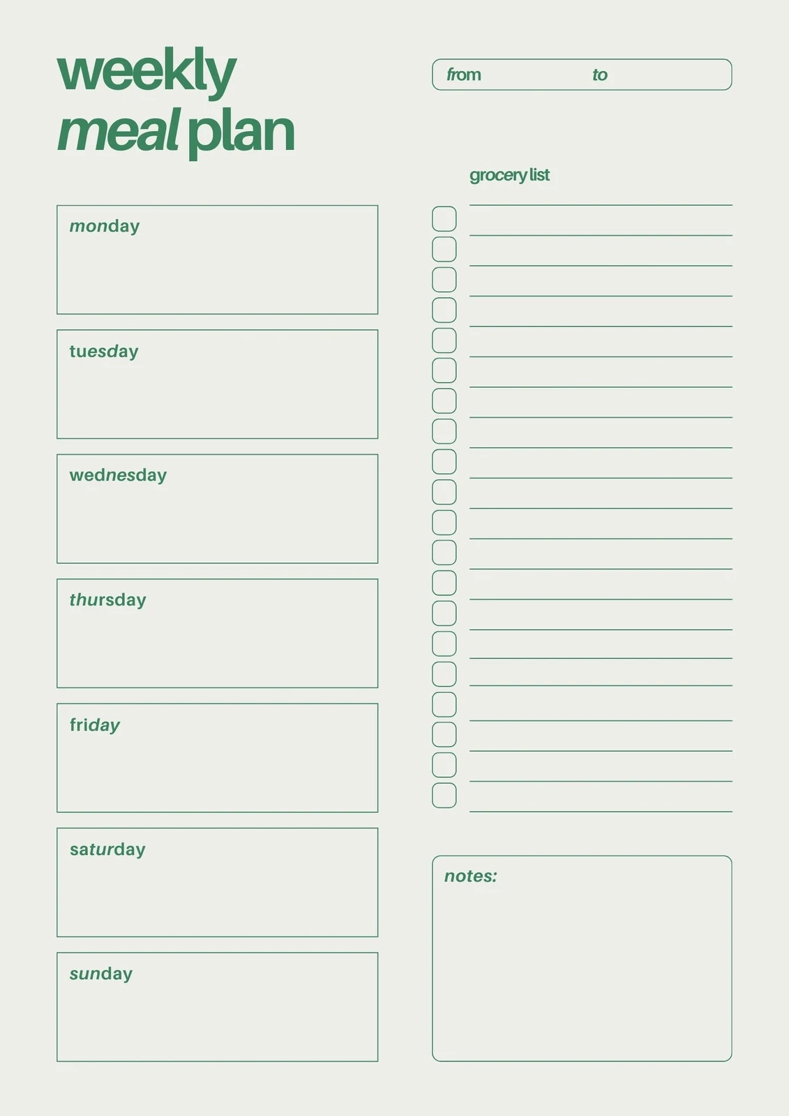 weekly dinner menu template