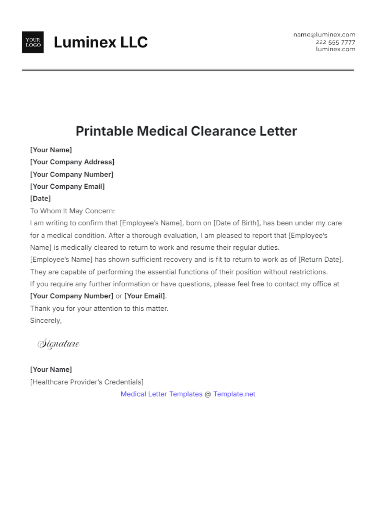 Free Printable Medical Clearance Letter Template To Edit Online