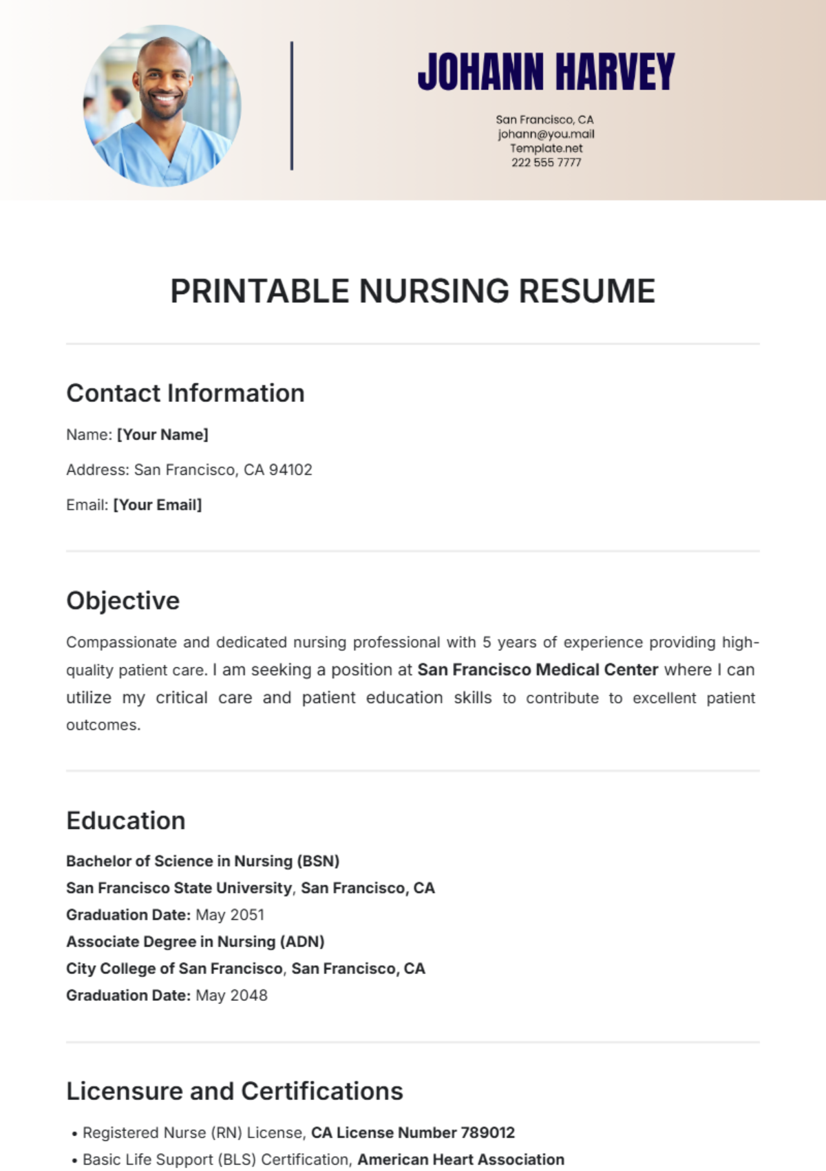 Free Printable Nursing Resume Template To Edit Online