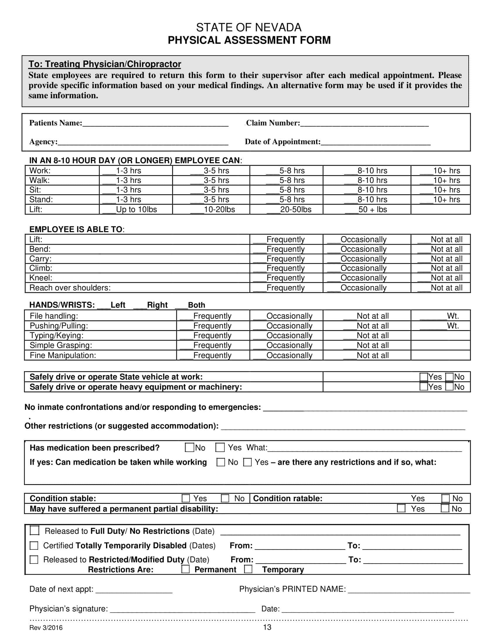 Free Printable Physical Form For Work Templates PDF 