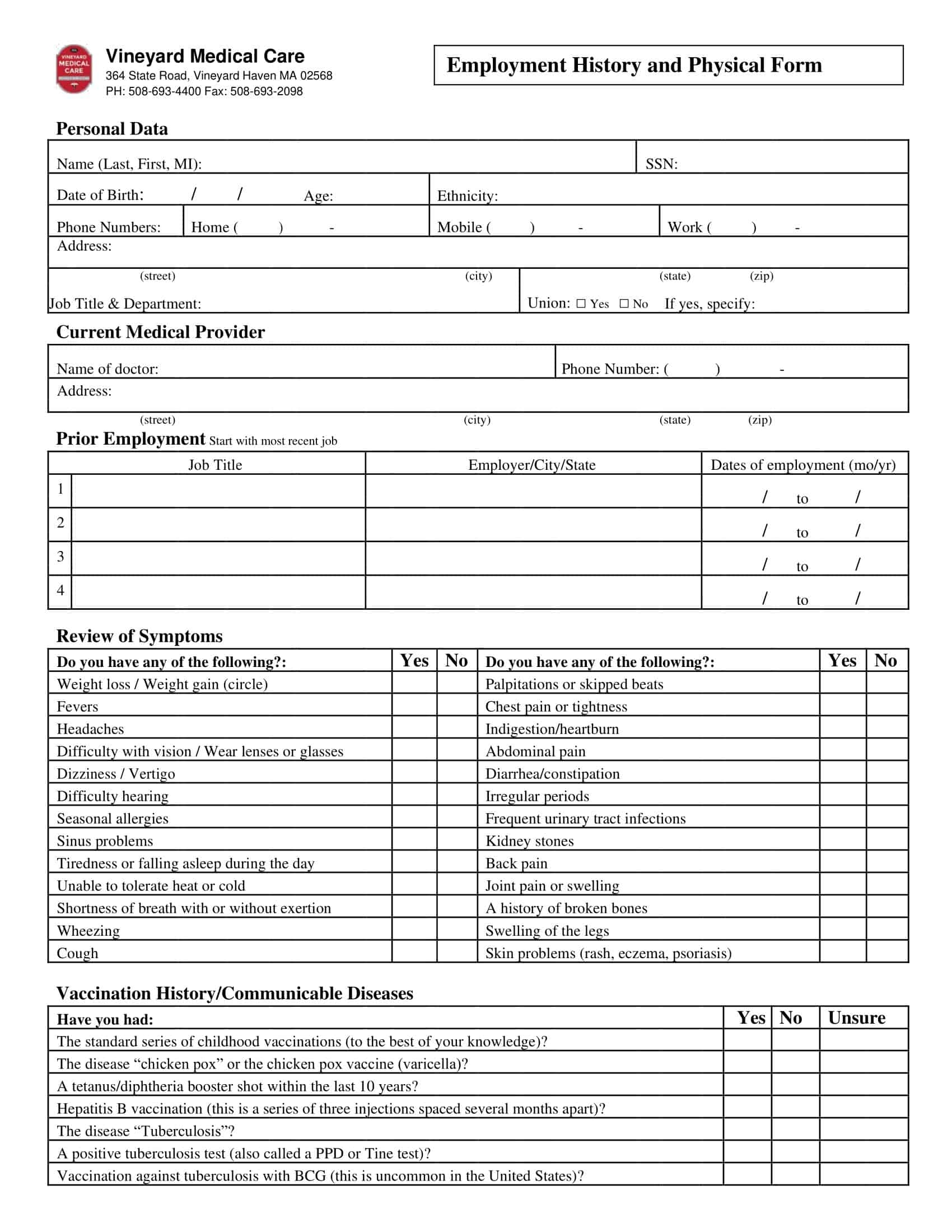 Free Printable Physical Form For Work Templates PDF 