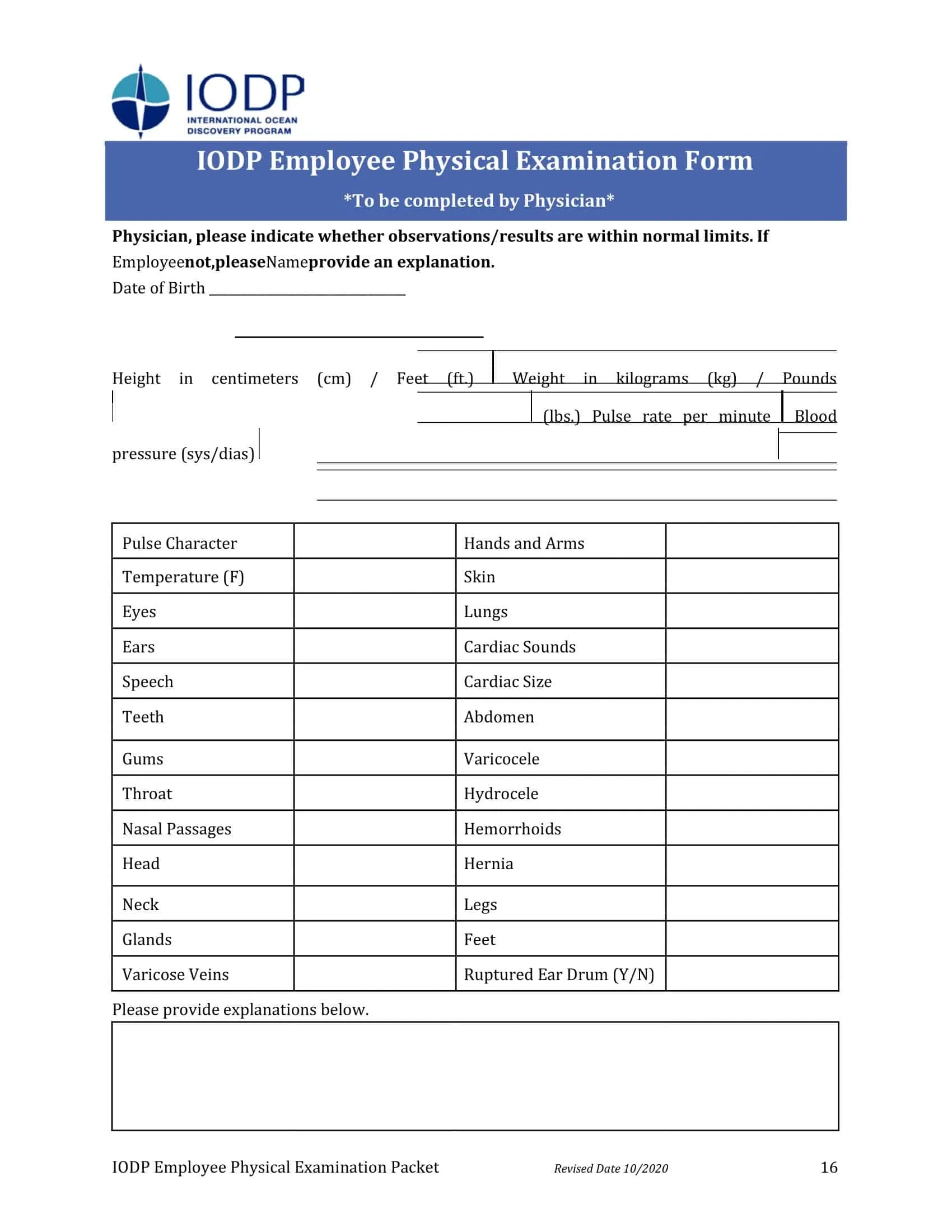 Free Printable Physical Form For Work Templates PDF 