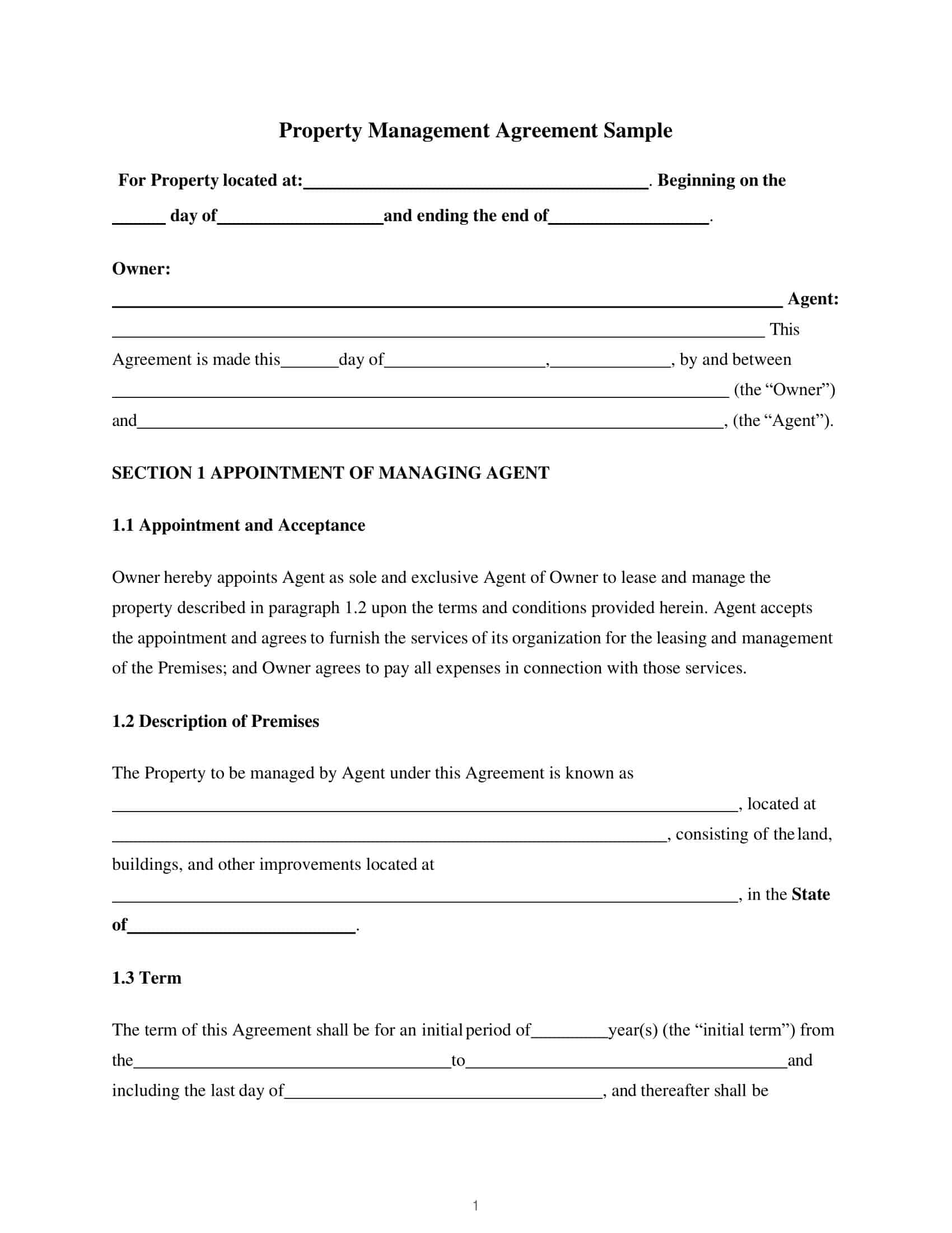Free Printable Property Management Agreement Templates PDF Word 
