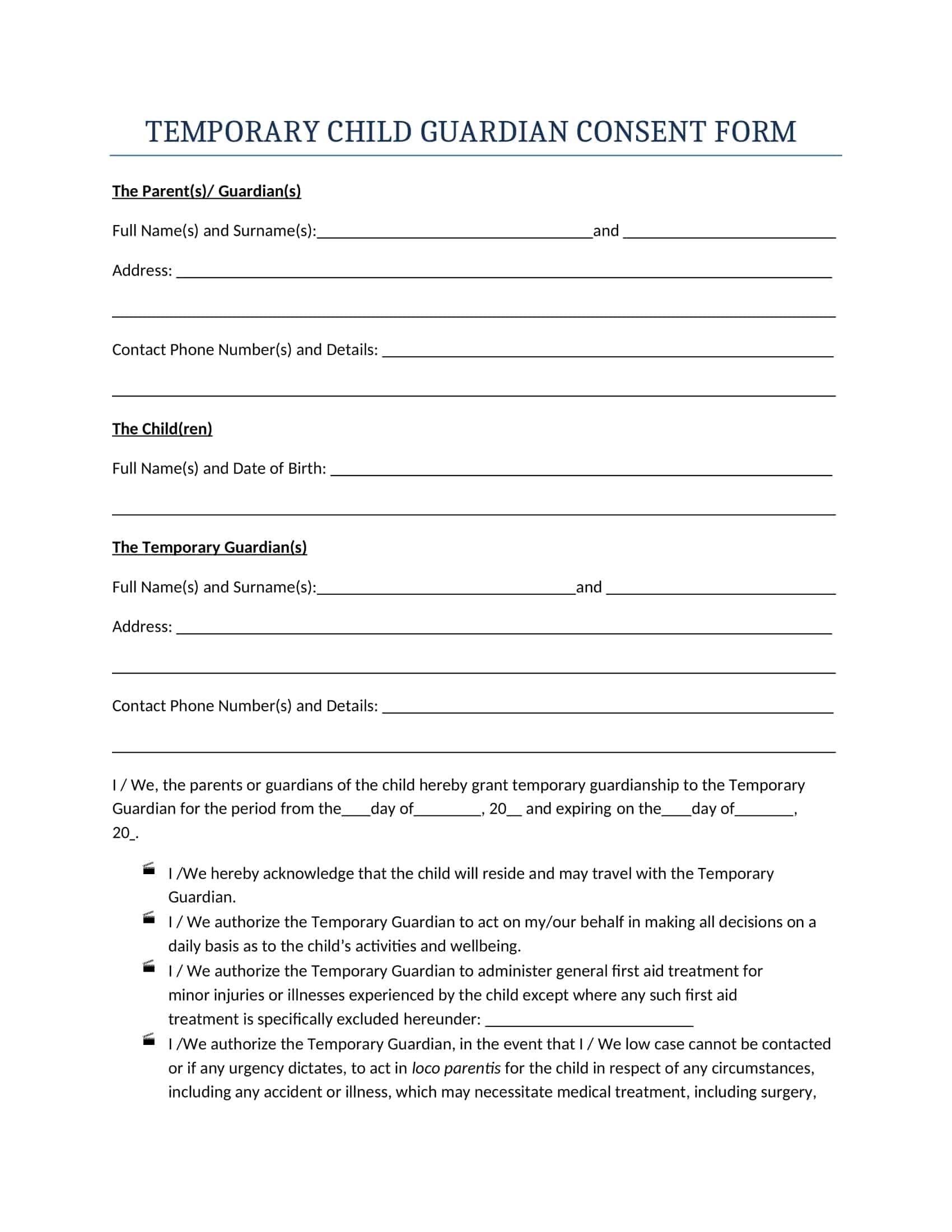 Free Printable Temporary Guardianship Templates PDF Word Form Letter