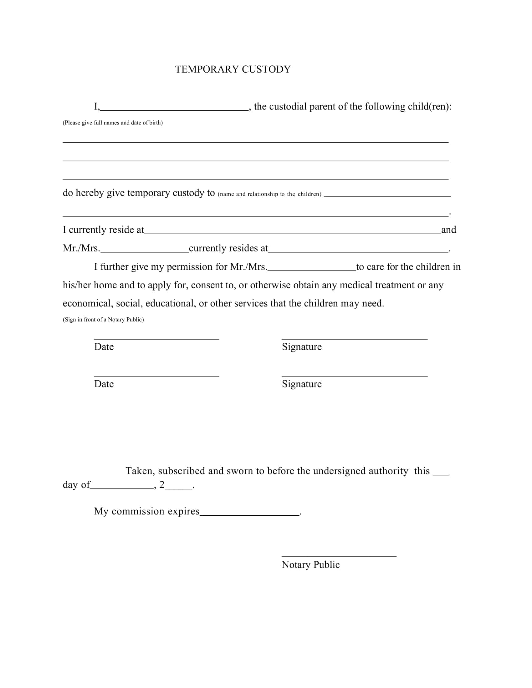 Free Printable Temporary Guardianship Templates PDF Word Form Letter