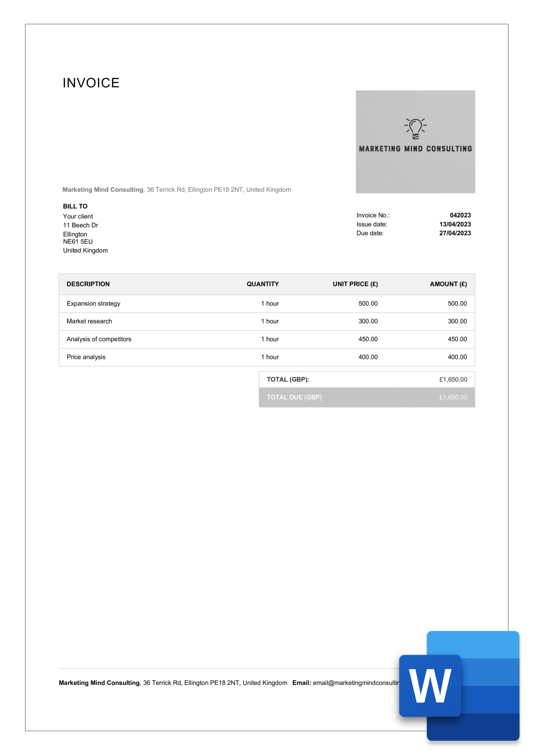 sample invoice template for consulting