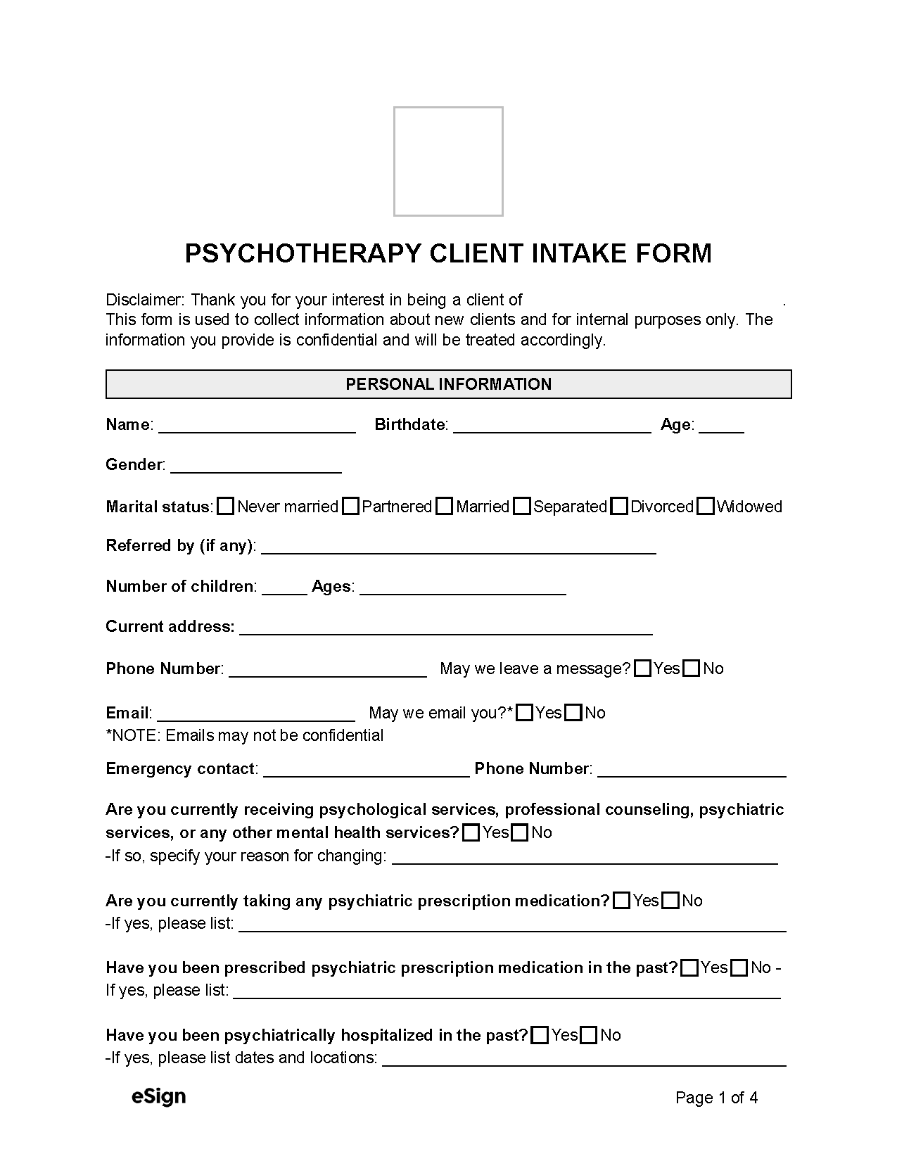 Free Psychotherapy Client Intake Form PDF Word