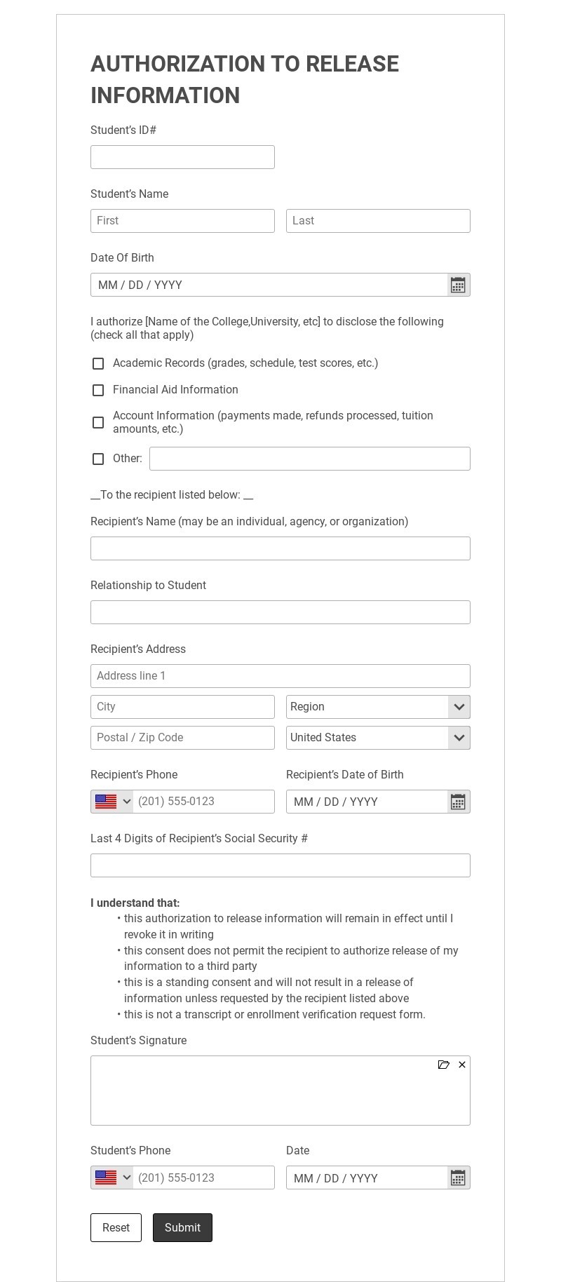 Free Release Of Information Form Template