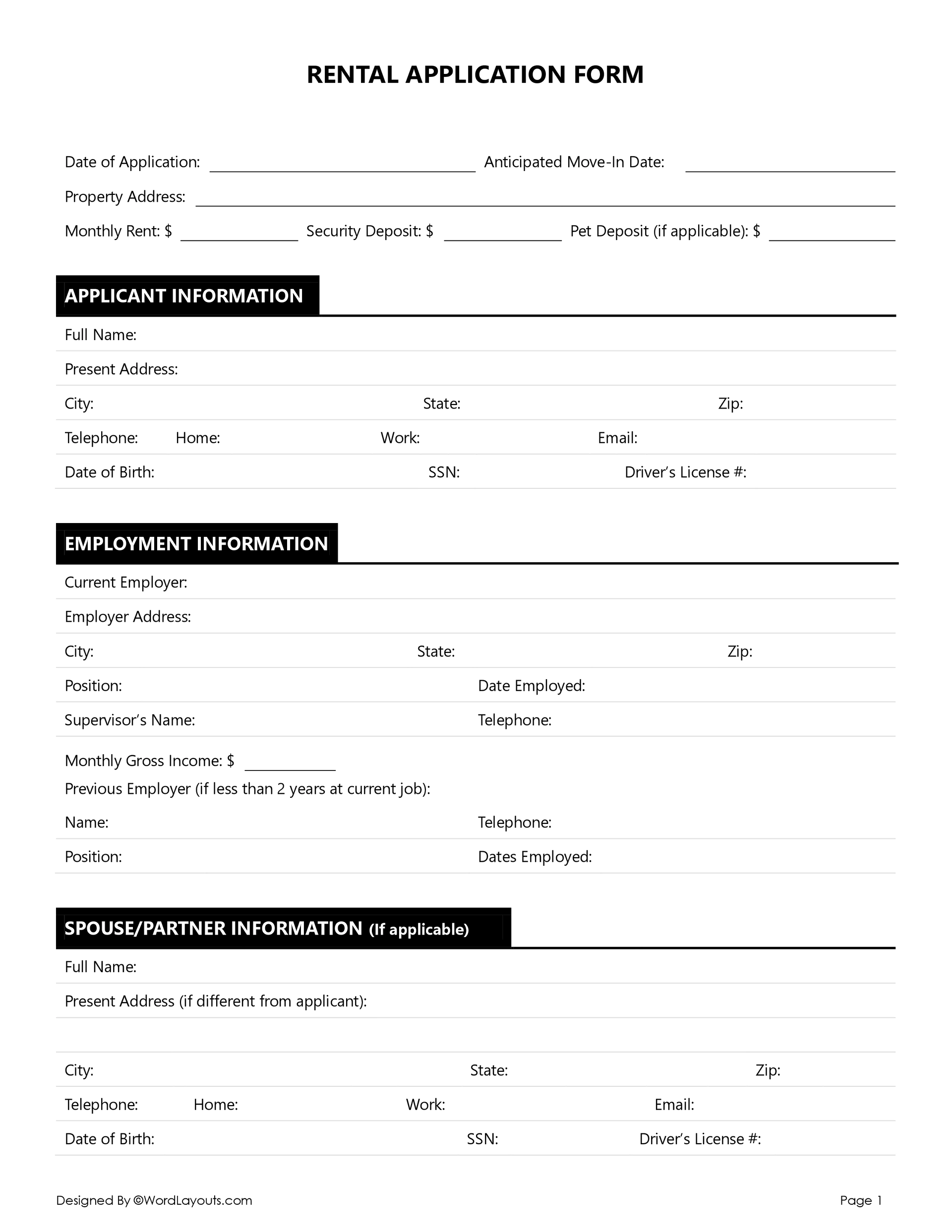 Free Rental Application Form Template WordLayouts