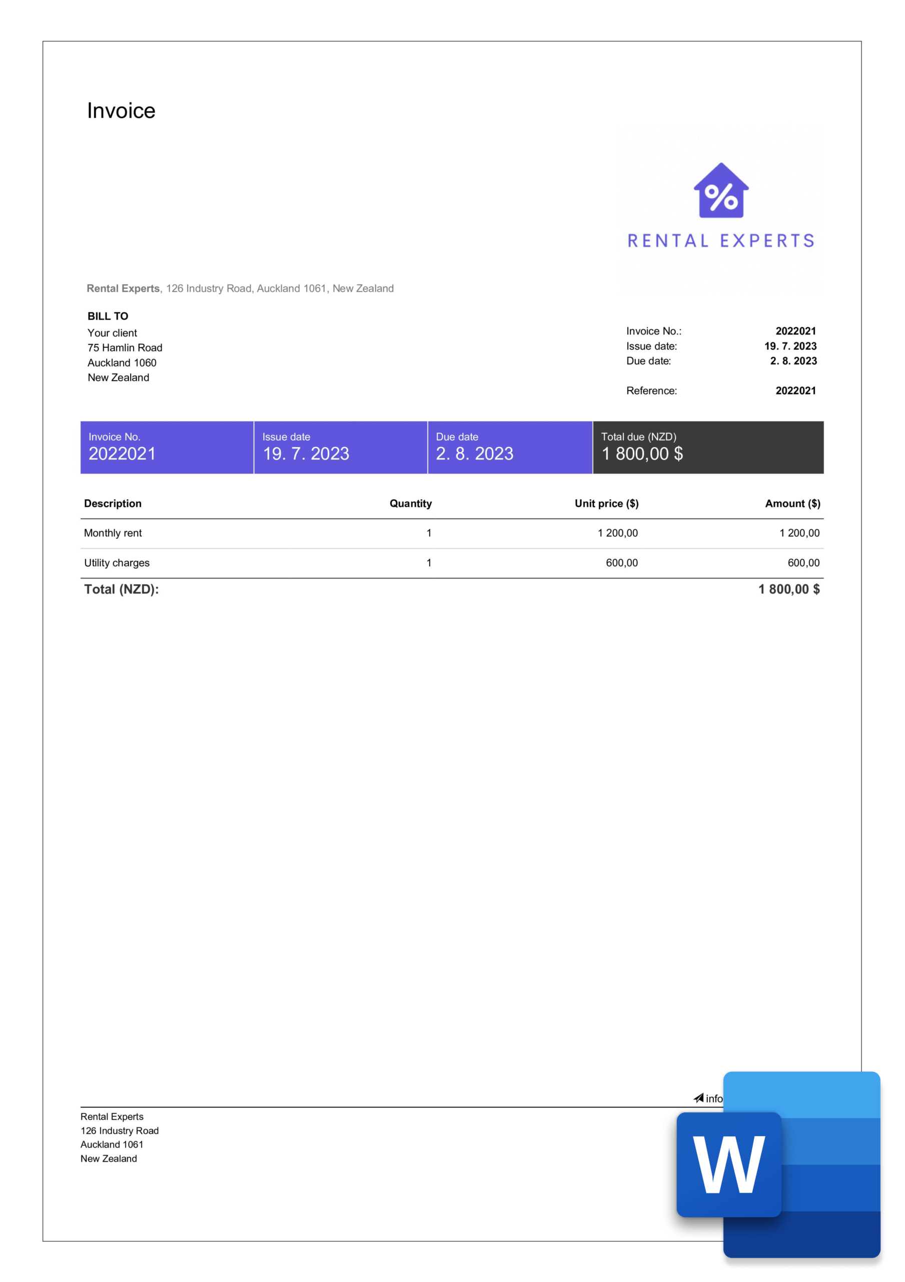 Free Rental Invoice Templates In Word Billdu