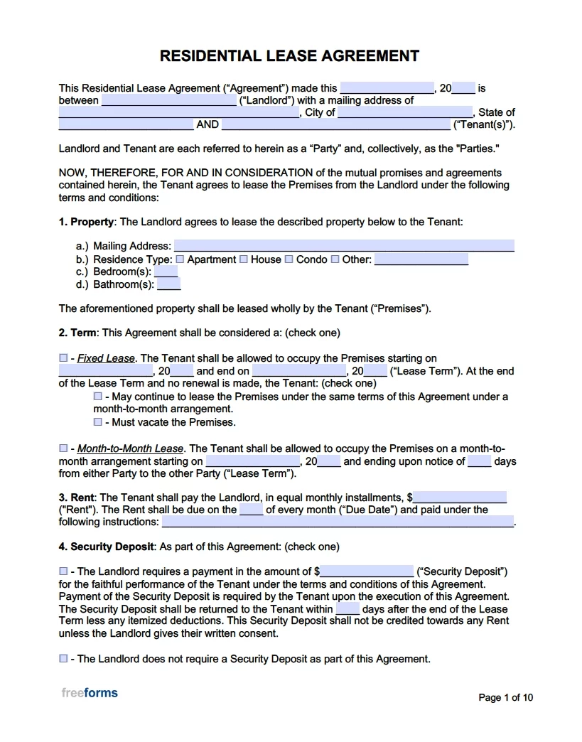 printable rent agreement form