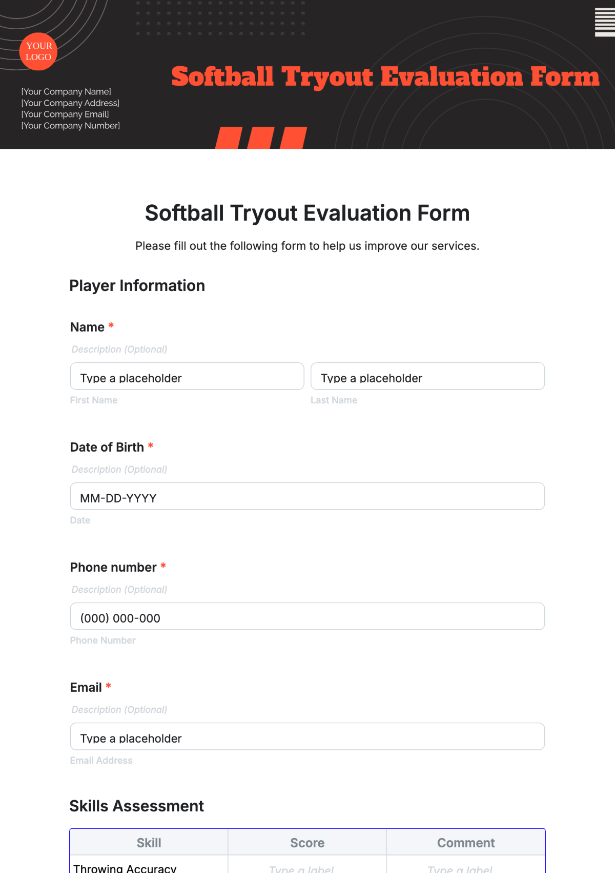Free Softball Tryout Evaluation Form Template To Edit Online
