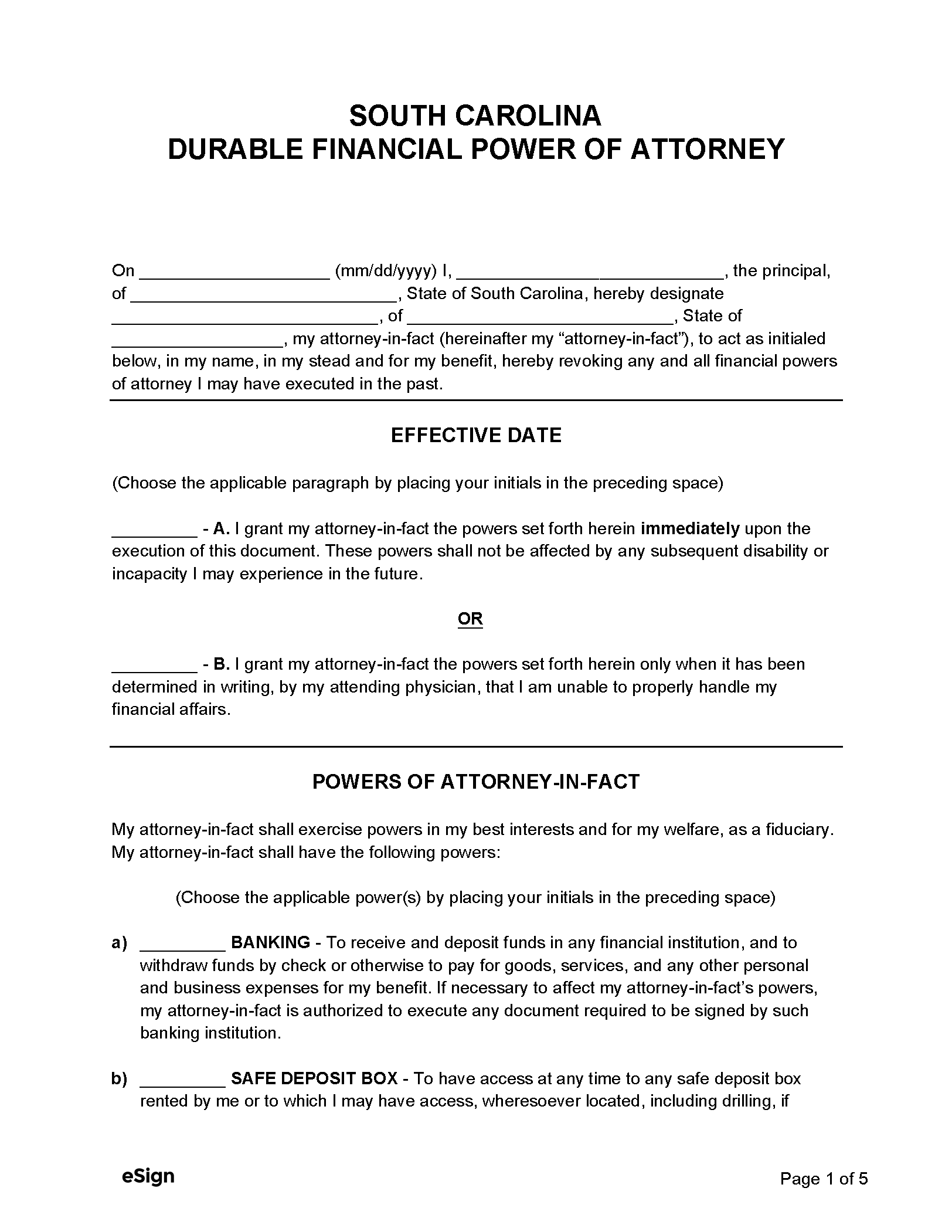 Free South Carolina Durable Power Of Attorney Form PDF Word