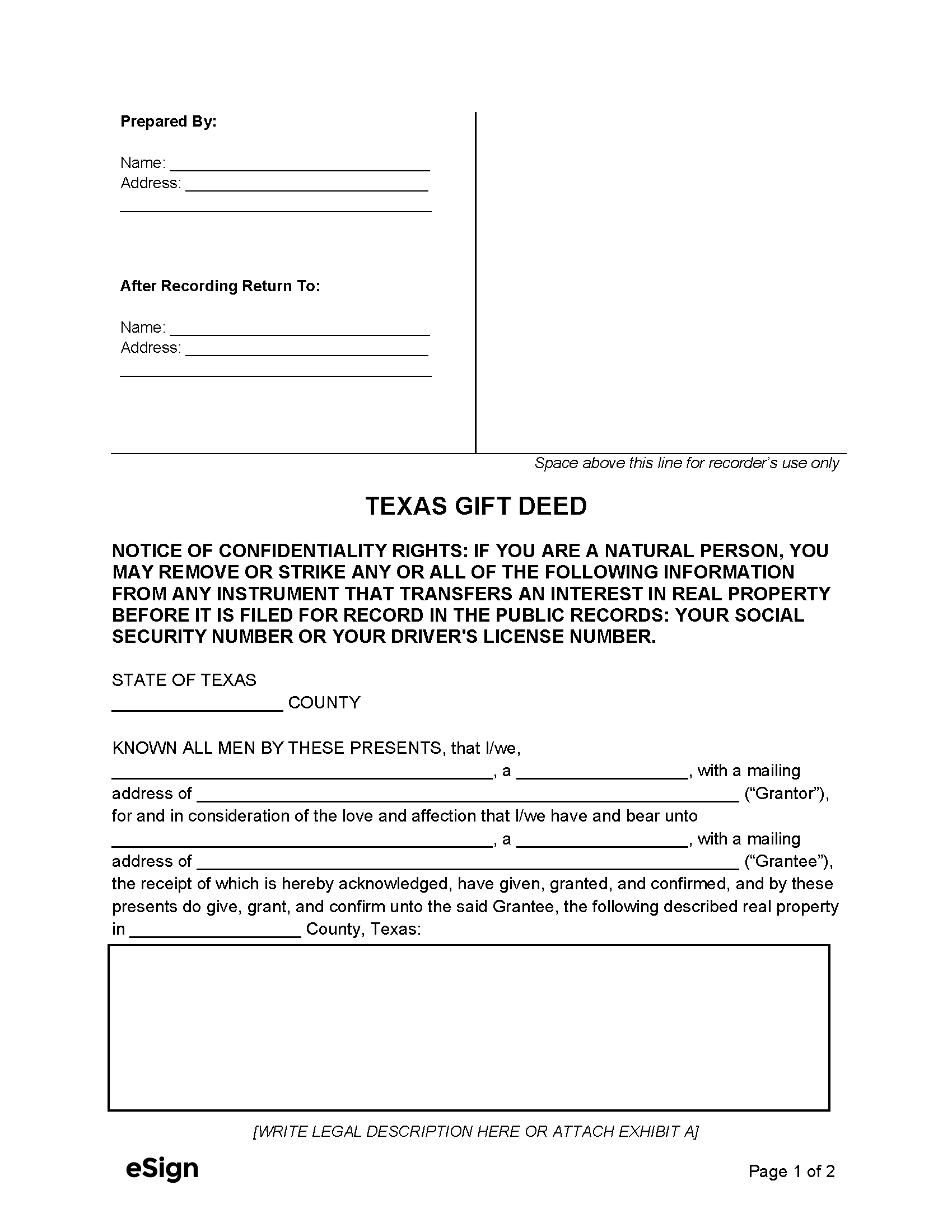 Free Texas Gift Deed Form PDF Word