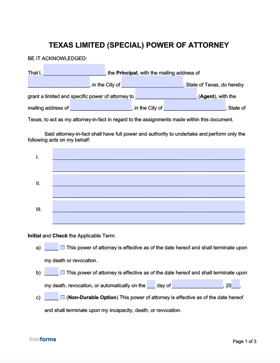 printable power of attorney form texas