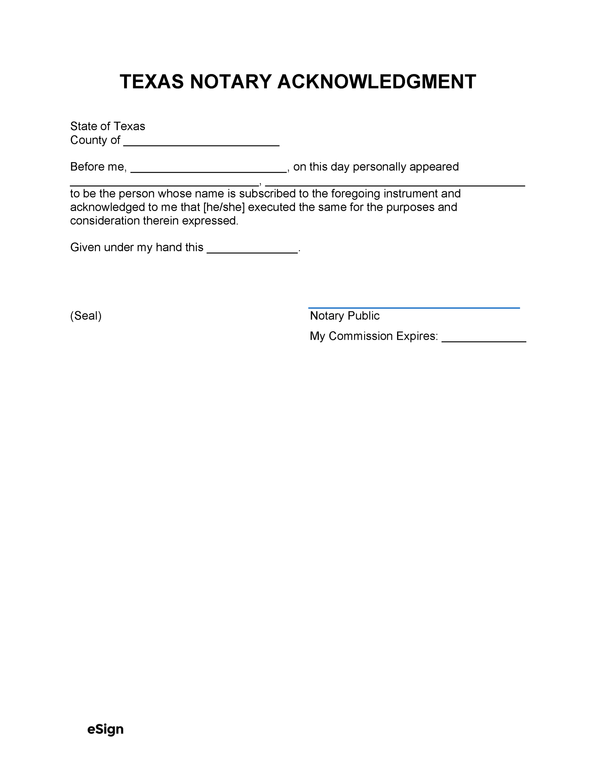 Free Texas Notary Acknowledgment Form PDF Word
