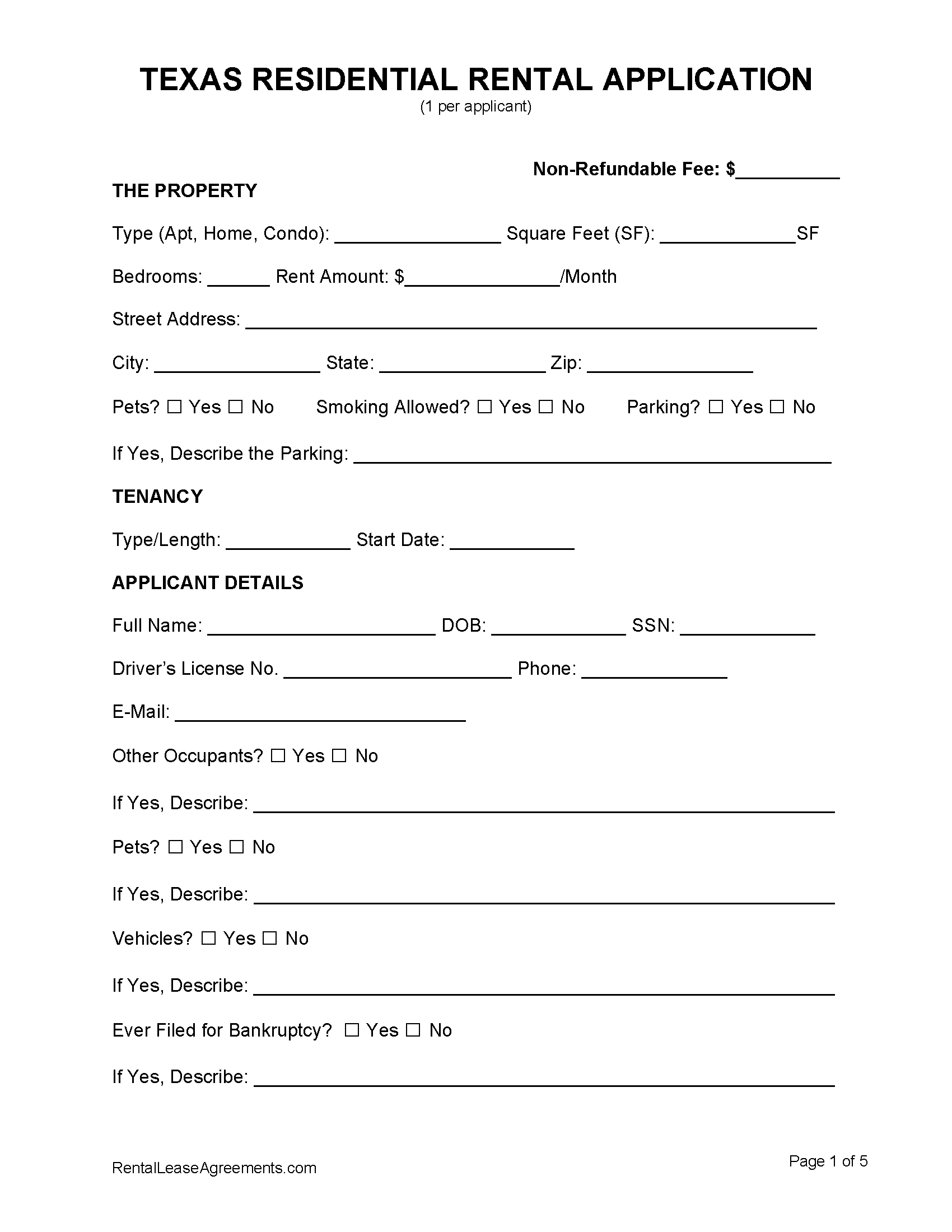 Free Texas Rental Application PDF MS Word