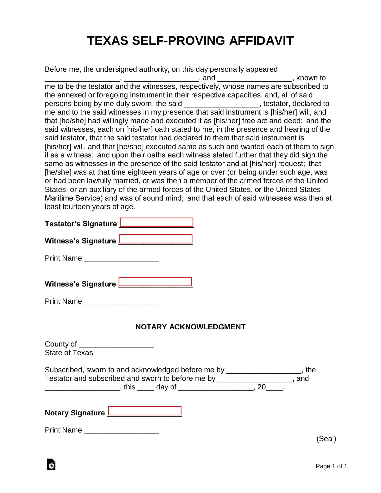 Free Texas Self Proving Affidavit Form PDF Word EForms