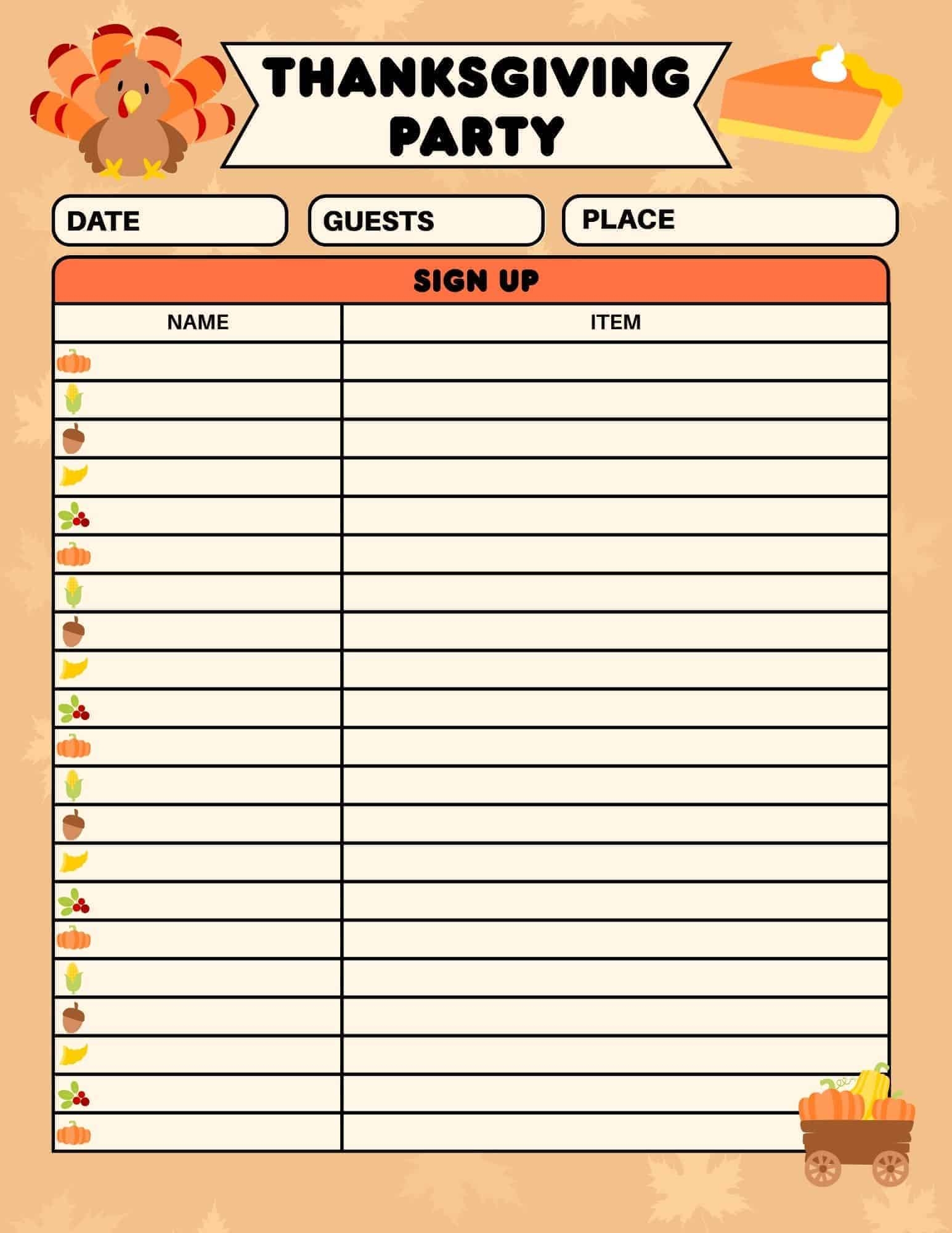 Free Thanksgiving Party Sign Up Sheet Editable PDF 