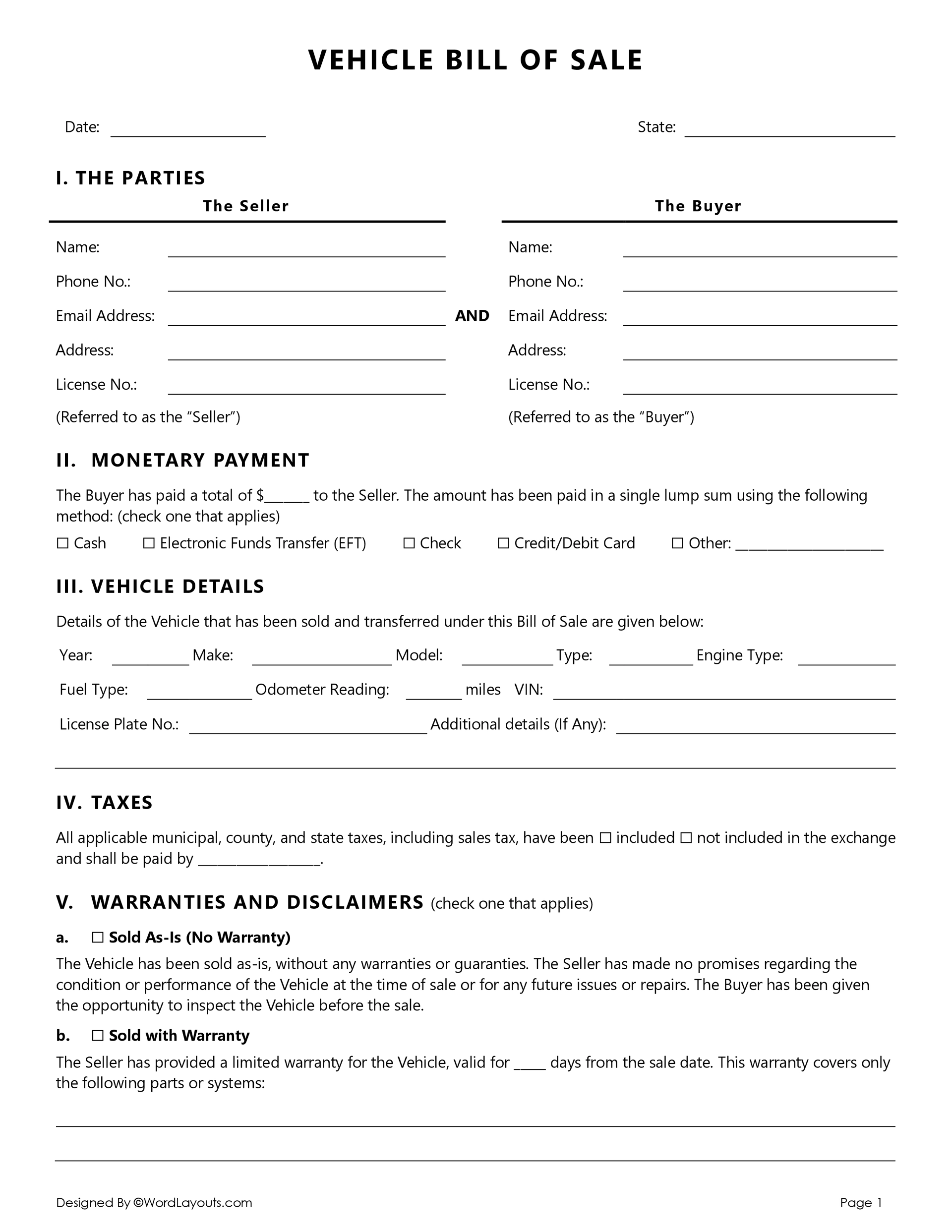 printable vehicle bill of sale form