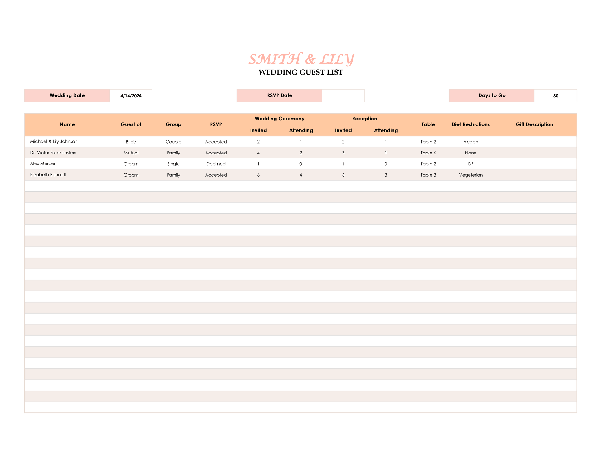 Free Wedding Guest Planner Excel GSheets WordLayouts