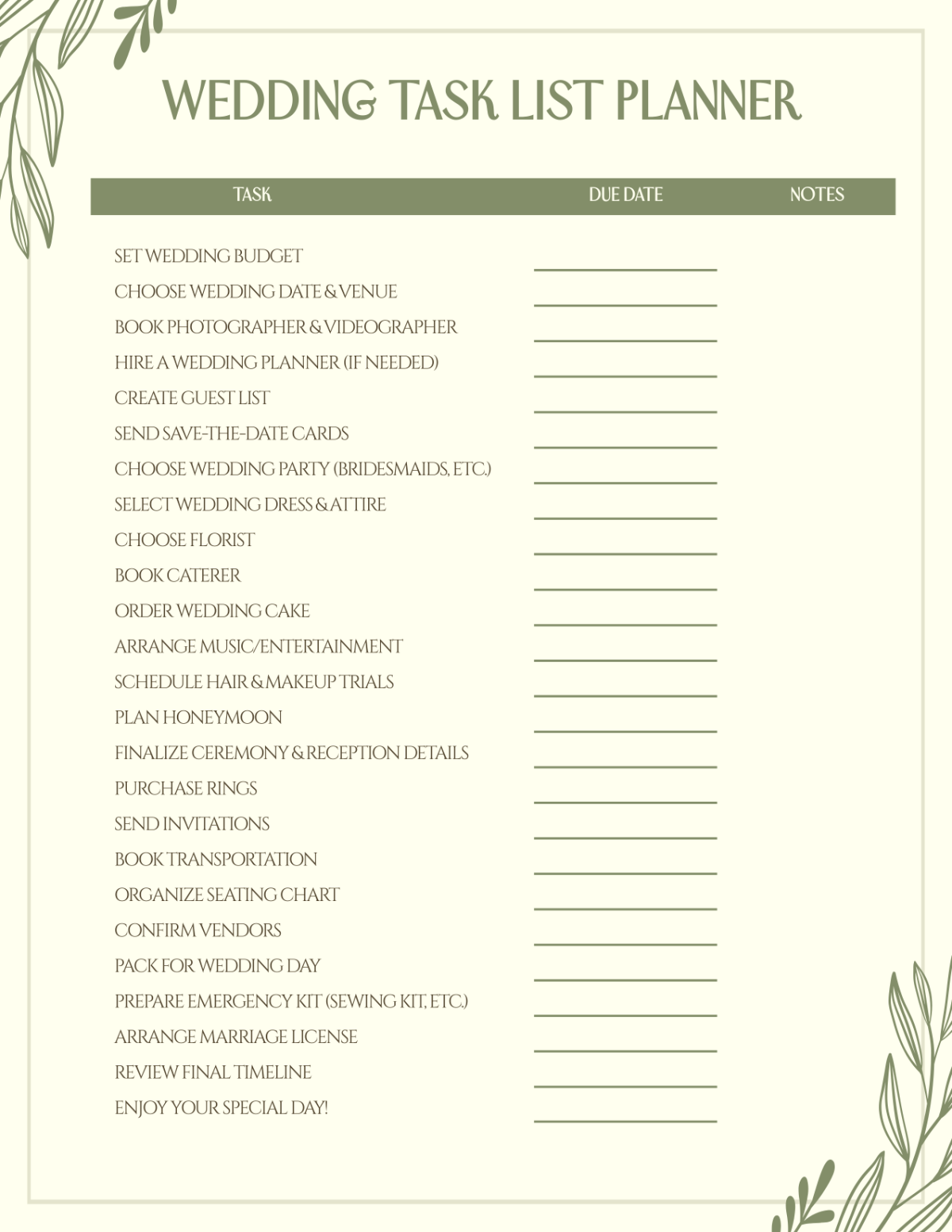 Free Wedding Task List Planner Template To Edit Online