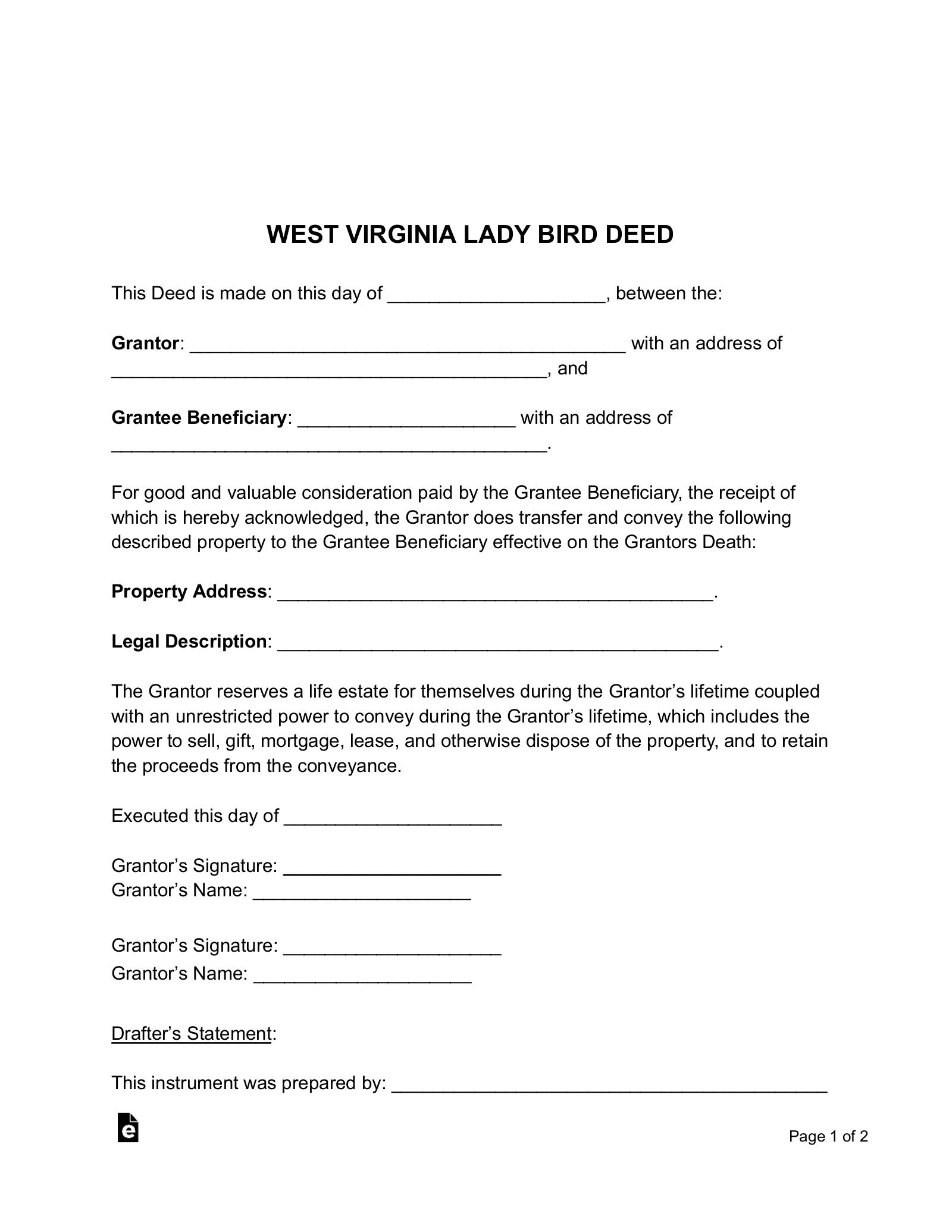 Free West Virginia Lady Bird Deed Form Enhanced Life Estate PDF Word EForms