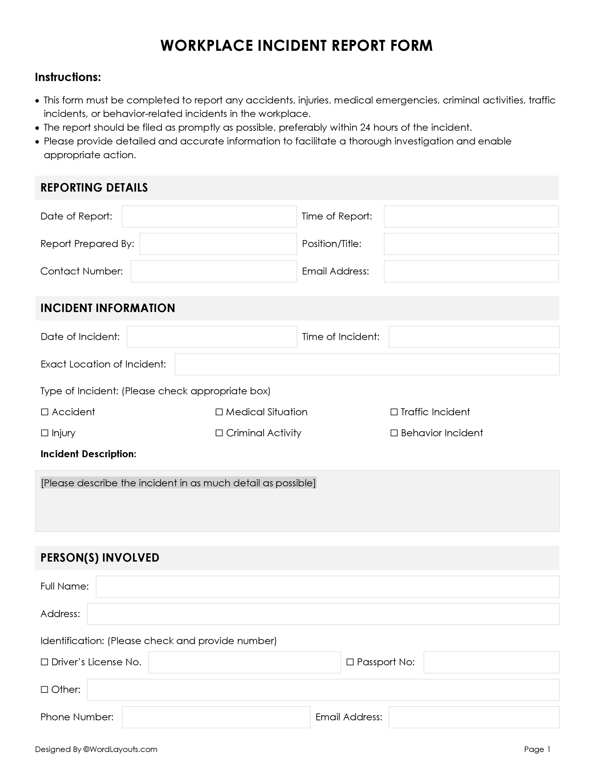 Free Workplace Incident Report Template Word GDoc WordLayouts