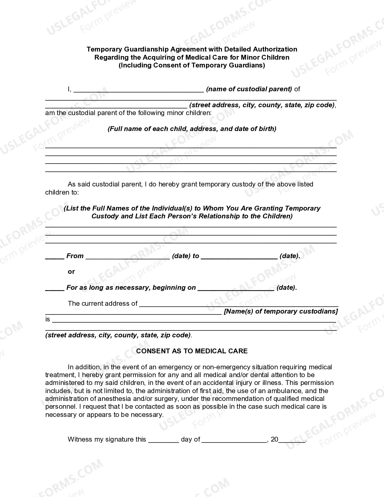 Fulton Georgia Temporary Guardianship Agreement With Detailed Authorization Regarding The Acquiring Of Medical Care For Minor Children Including Consent Of Temporary Guardians US Legal Forms
