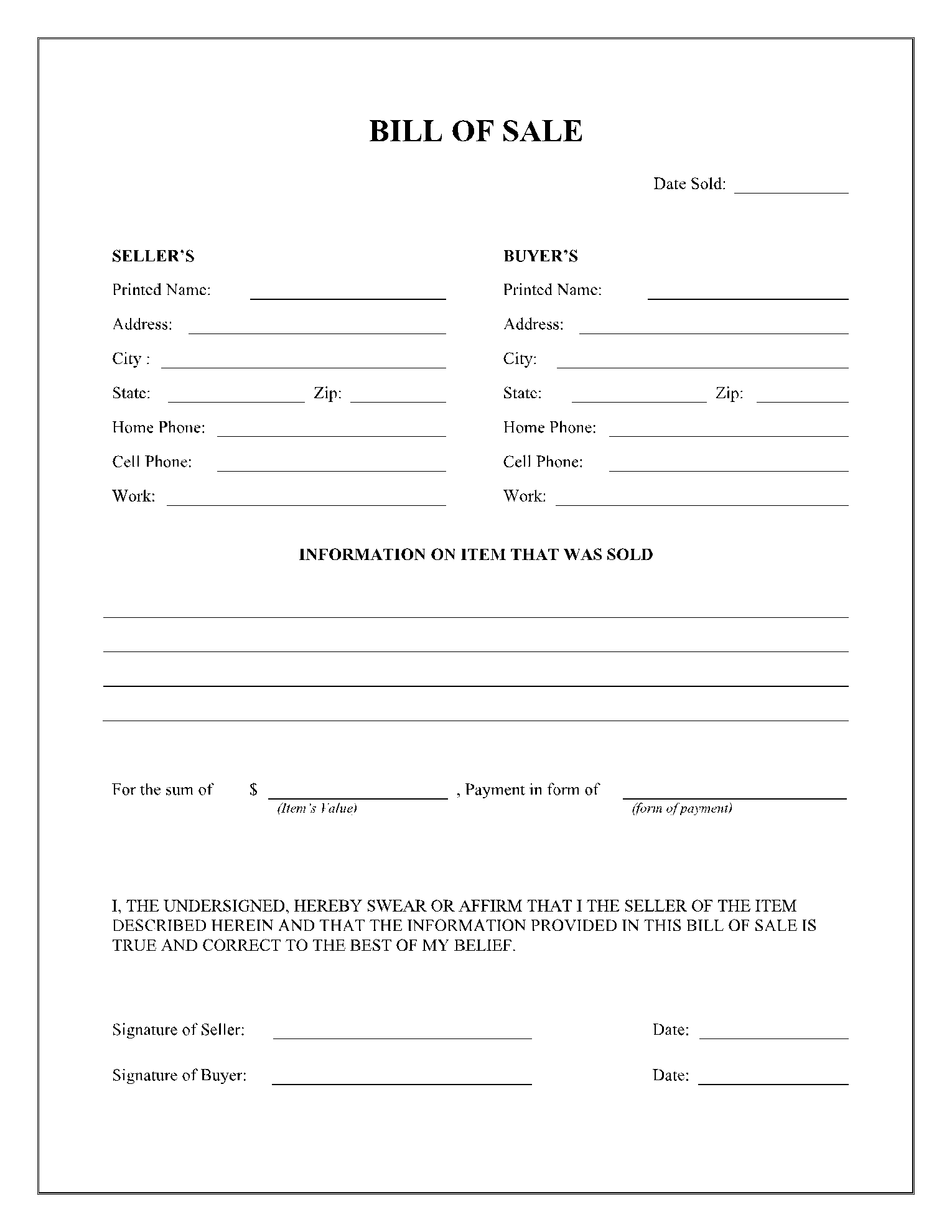 auto bill of sale form printable
