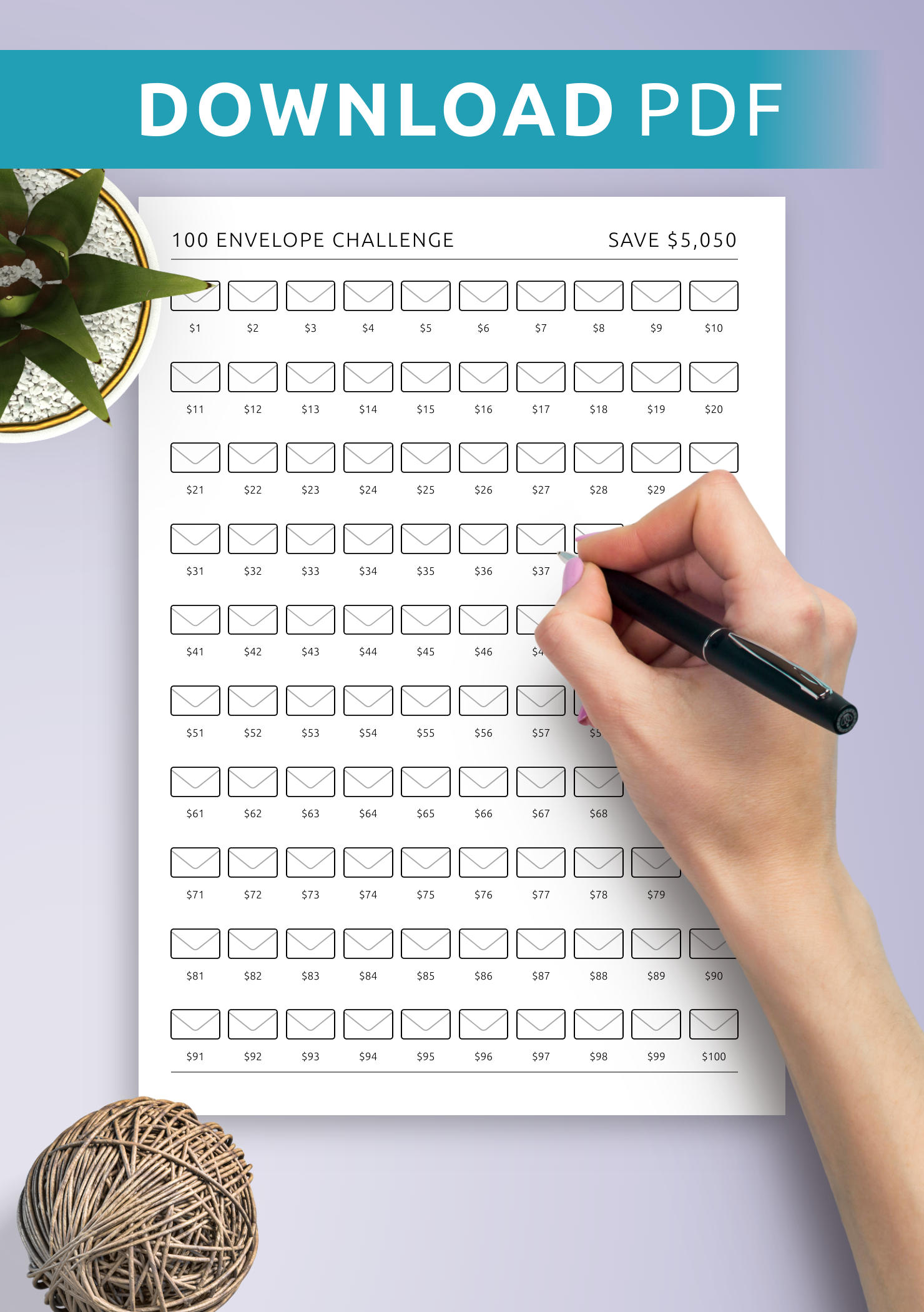 Get 100 Envelope Challenge Template Printable Or Digital PDF For ReMarkable Kindle Boox